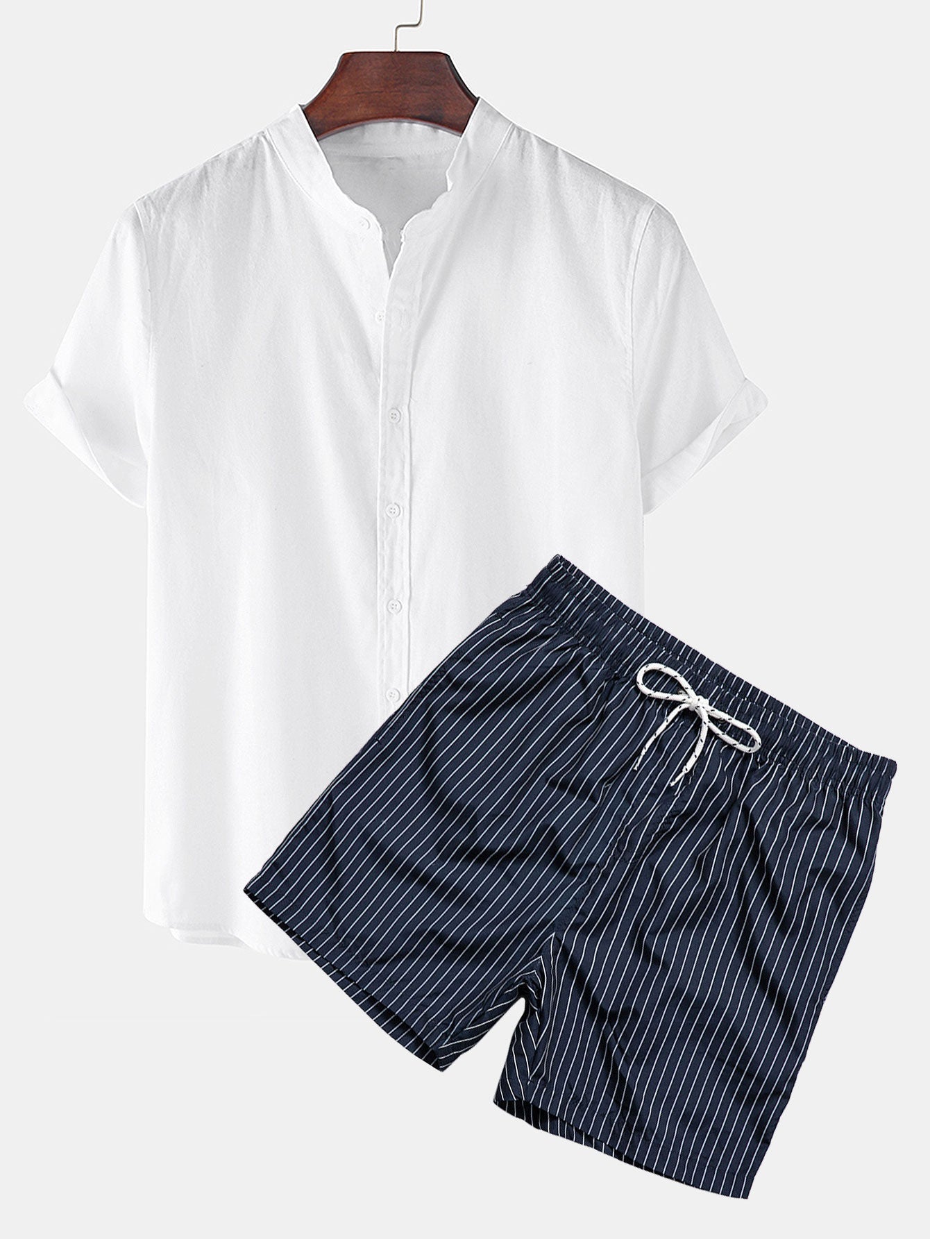 Short Sleeve Linen-Style Shirt with Striped Swim Shorts