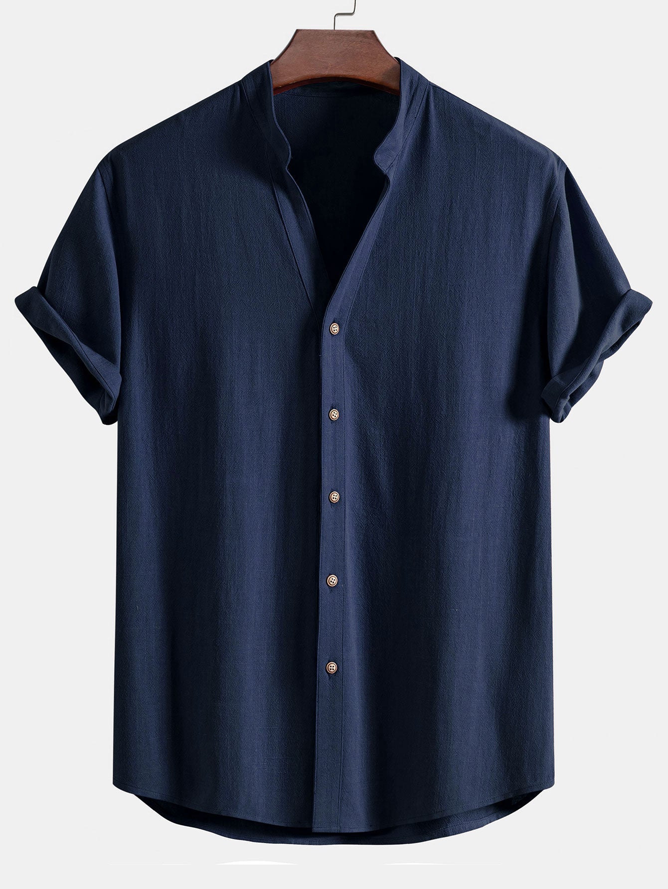 Short Sleeve V-Neck Linen-Rayon Blend Shirt with Wrinkle-Textured Straight Leg Pants
