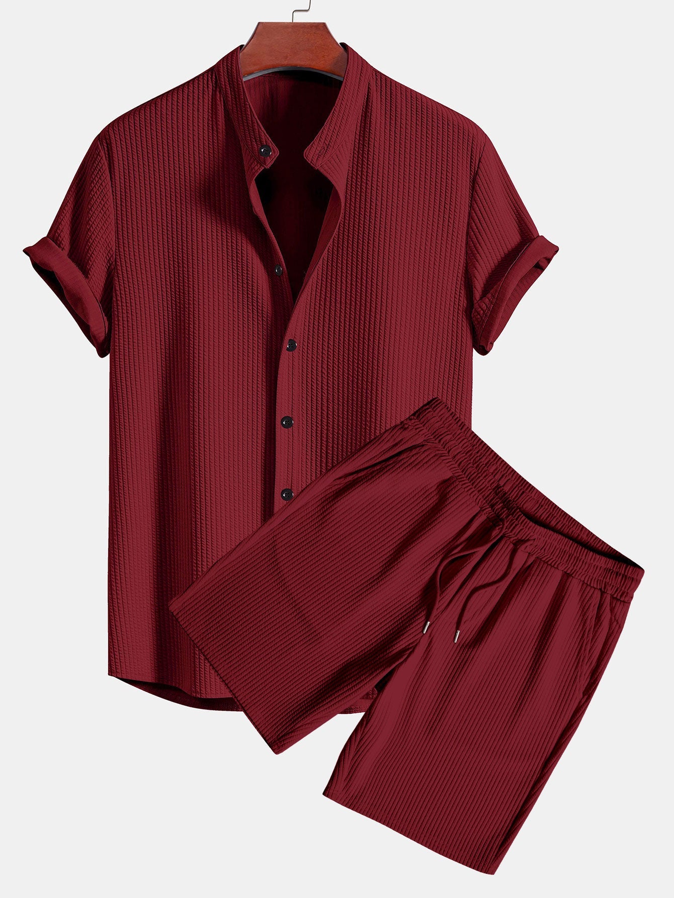 Ribbed Muscle Fit Stand Collar Shirt and Shorts Set