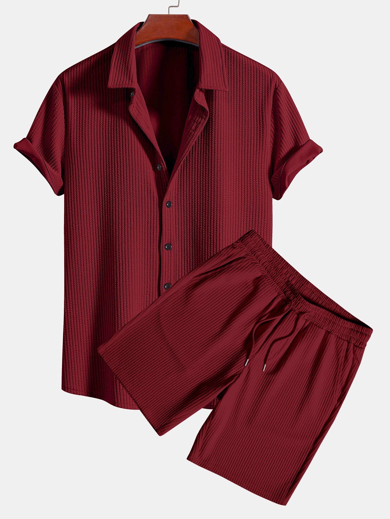 Ribbed Button-Up Shirt and Shorts Set in Muscle Fit