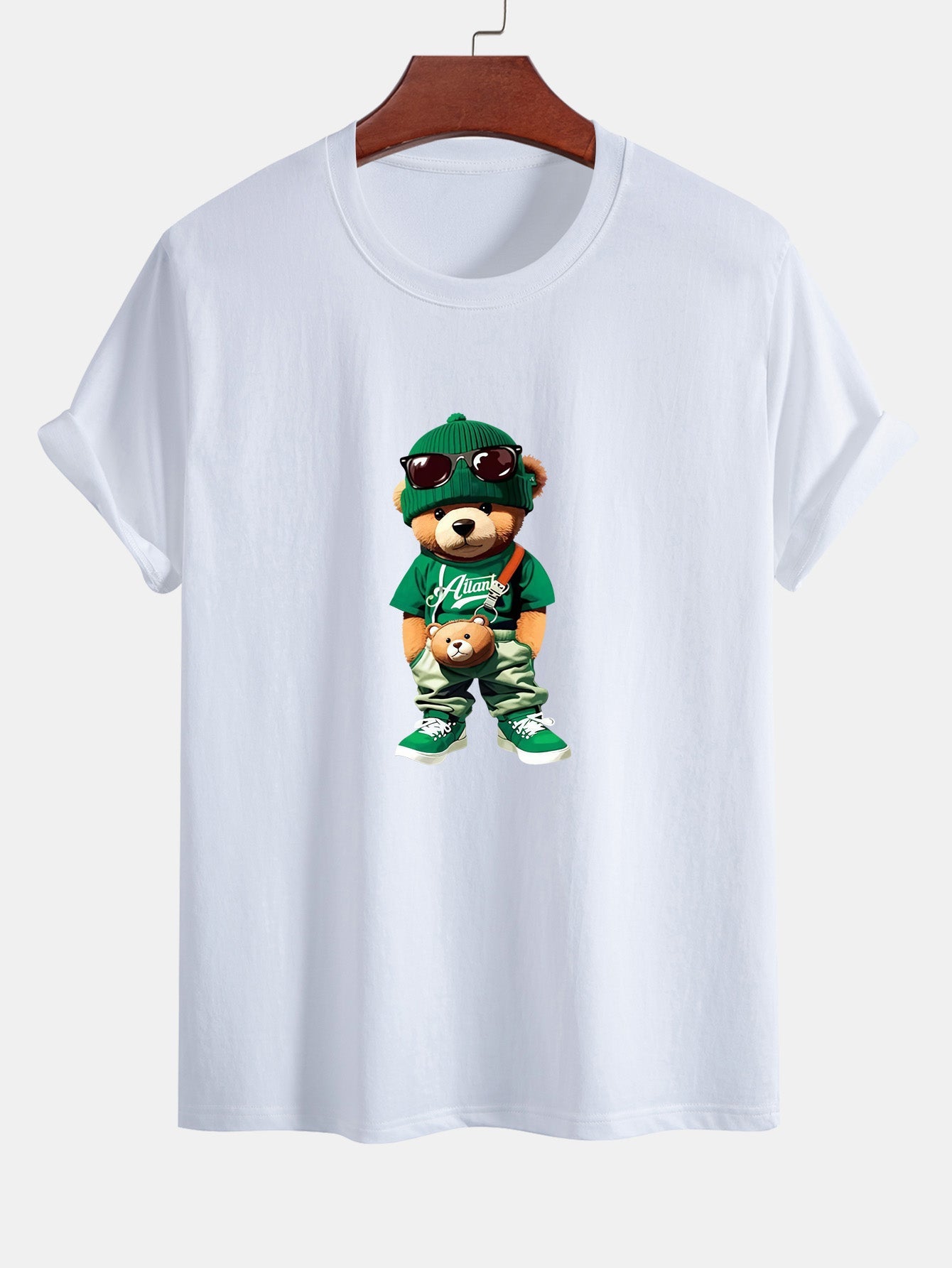 Trendy Bear Print Cotton T-Shirt with Regular Fit & Drawstring Corduroy Shorts