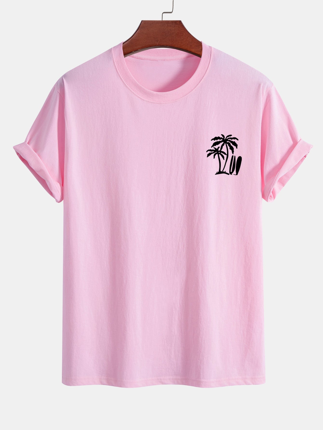 Classic Fit Cotton T-Shirt with Palm Tree Surfboard Design