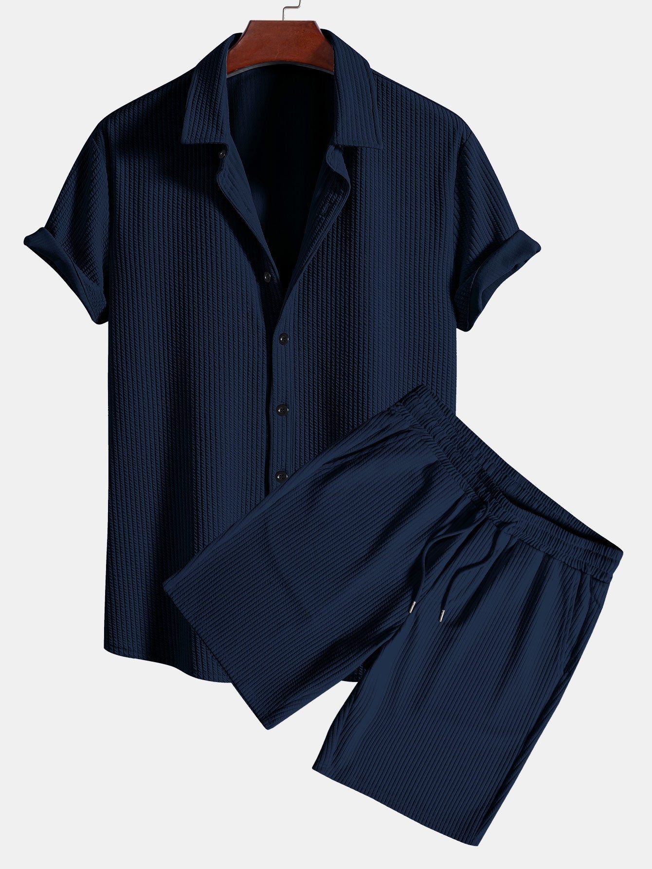 Ribbed Button-Up Shirt and Shorts Set in Muscle Fit