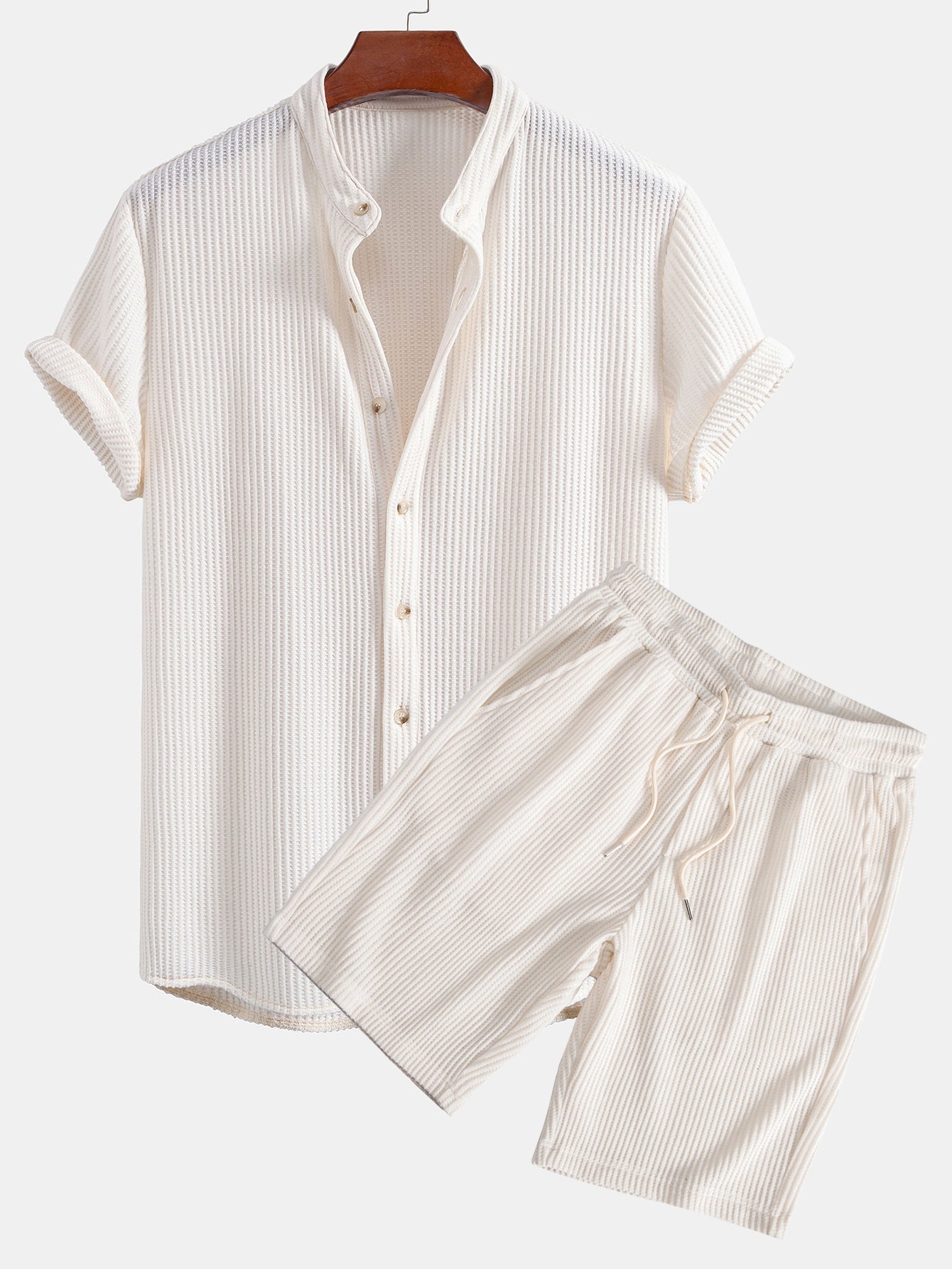 Waffle Textured Stand Collar Shirt & Drawstring Waffle Shorts Set