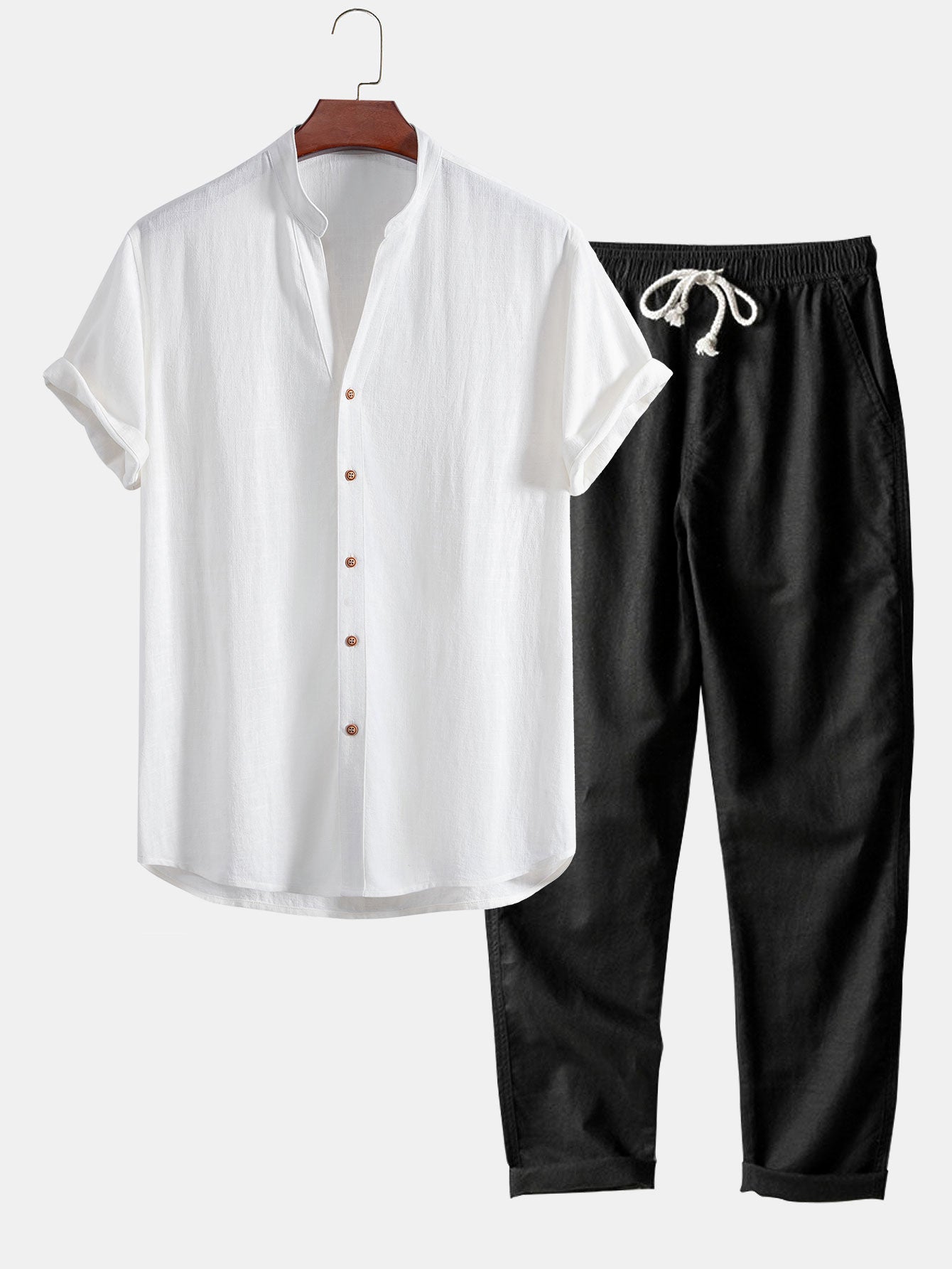V-Neck Linen-Rayon Blend Top with Straight-Leg Linen Trousers