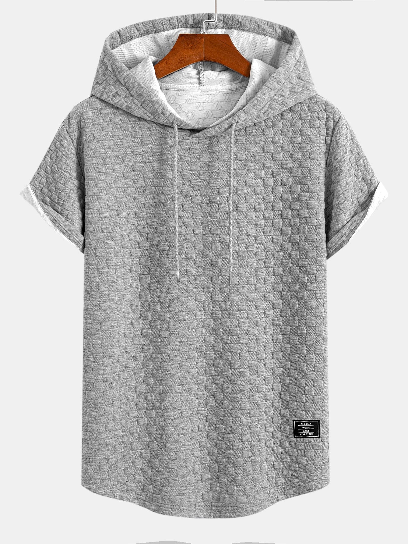 Checkerboard Jacquard Hooded T-Shirt with Arc Hem