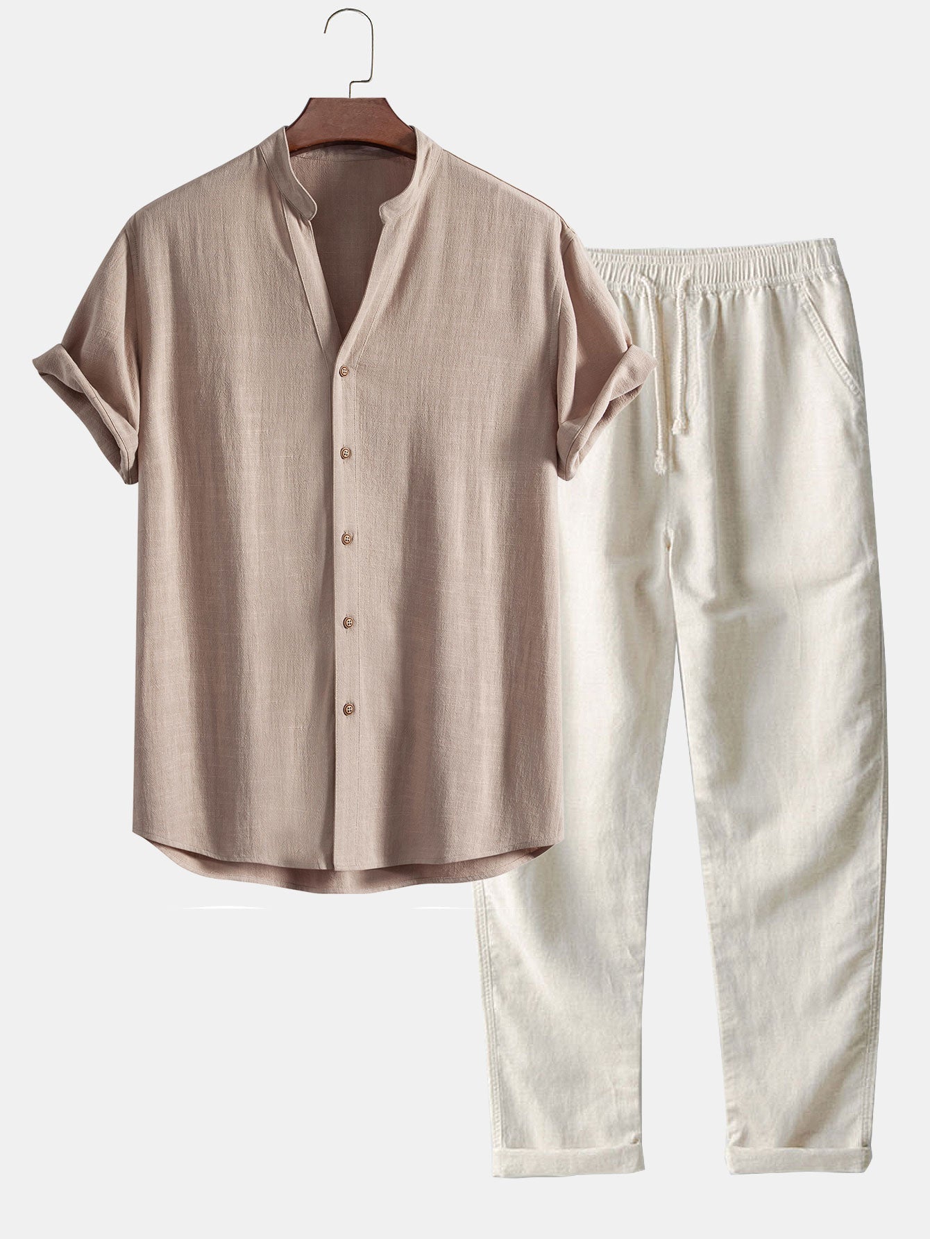 V-Neck Linen-Rayon Blend Top with Straight-Leg Linen Trousers