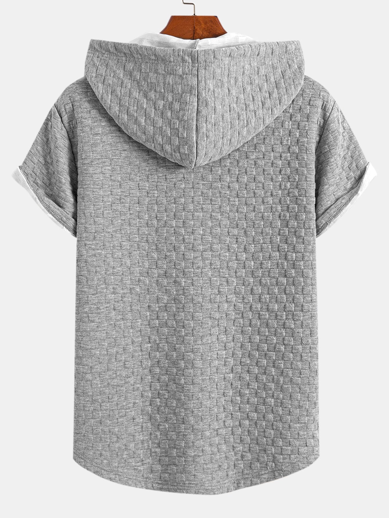 Checkerboard Jacquard Hooded T-Shirt with Arc Hem