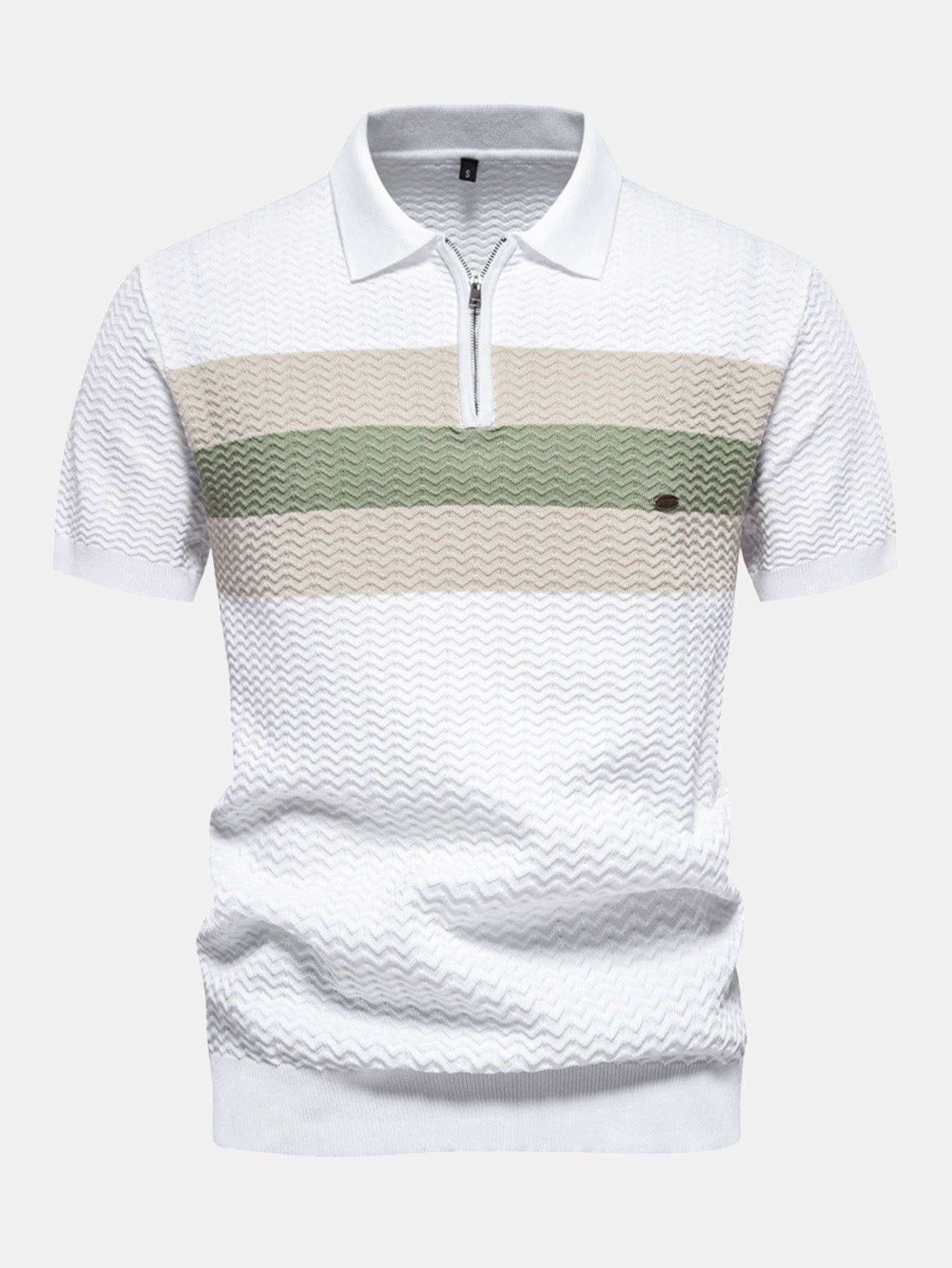 Textured Jacquard Knit Zip-Up Polo with Contrast Details