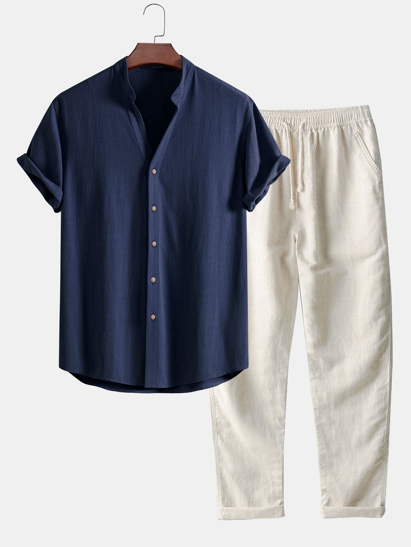 V-Neck Linen-Rayon Blend Top with Straight-Leg Linen Trousers