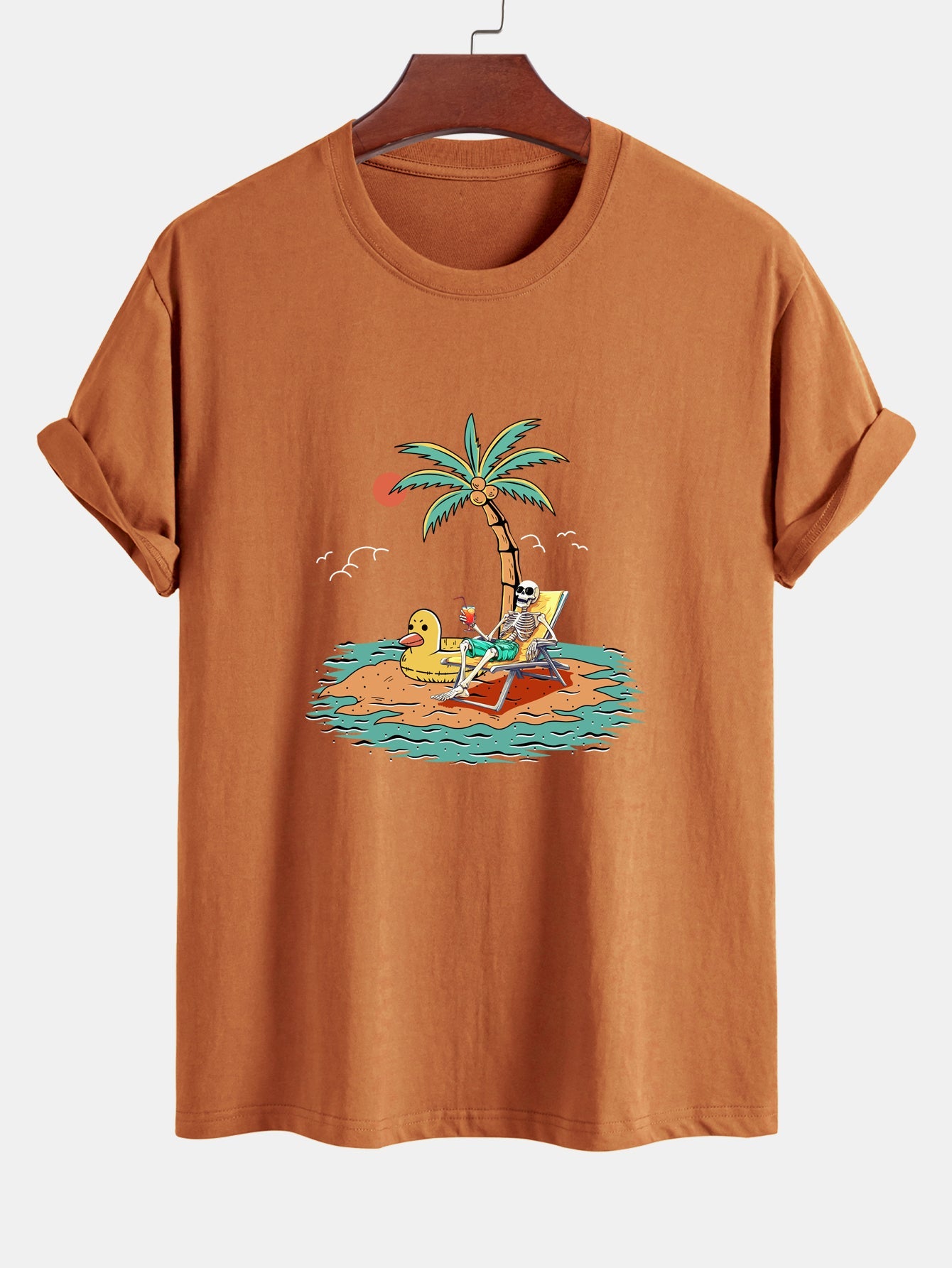 Regular Fit Cotton T-Shirt with Skeleton Vacation Print