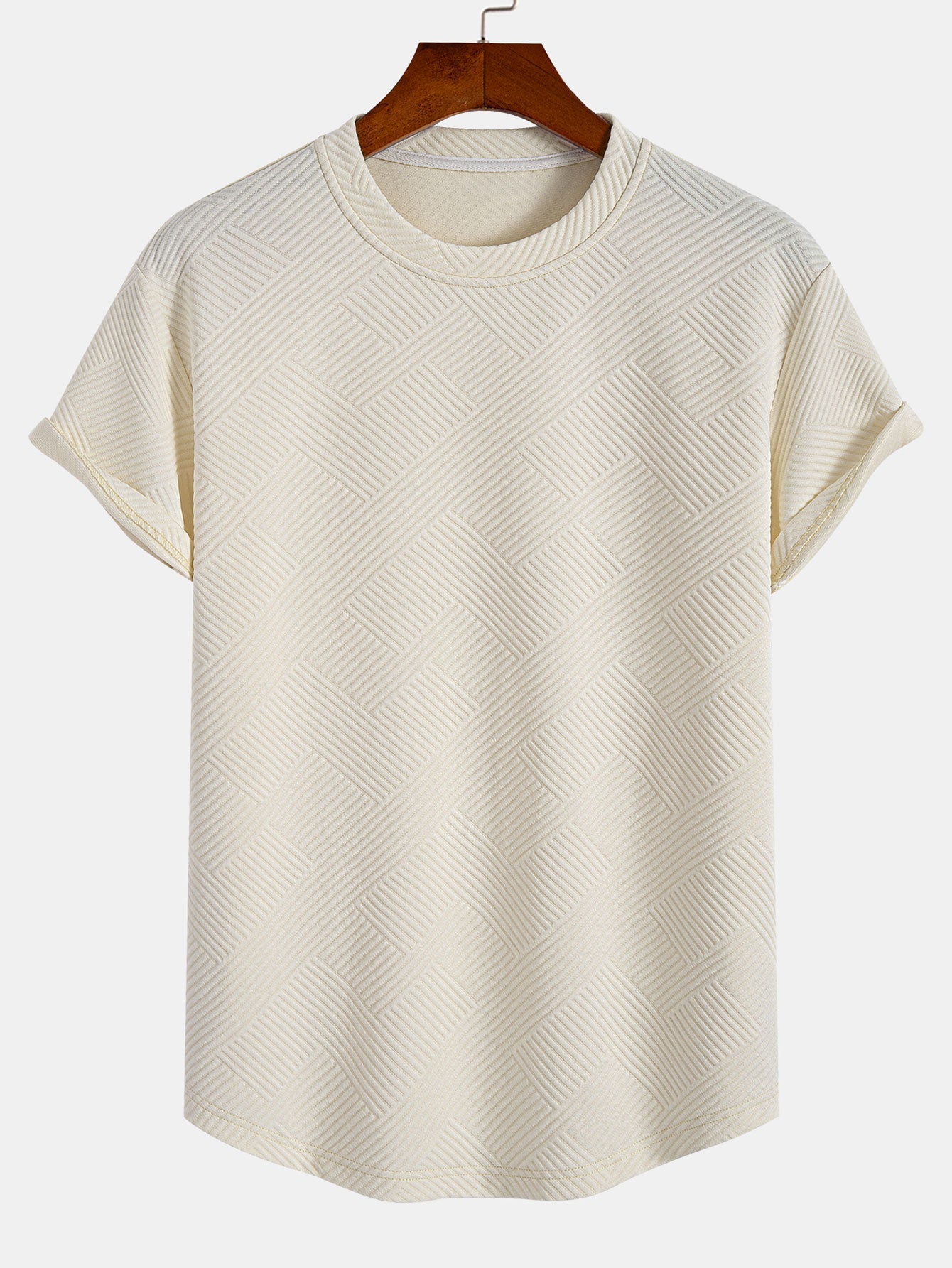 Striped Jacquard Short Sleeve T-Shirt with Arc Hem
