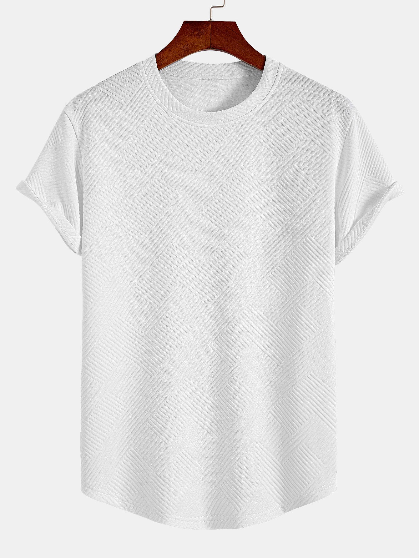 Striped Jacquard Short Sleeve T-Shirt with Arc Hem