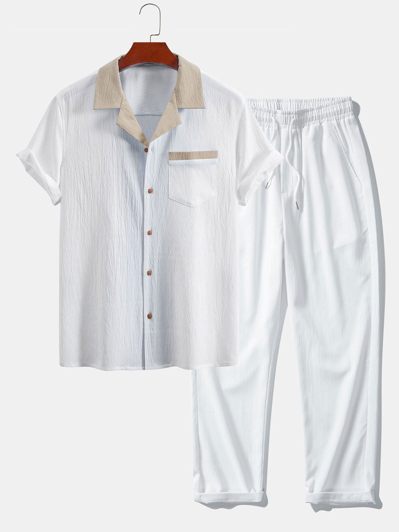 Textured Cuban Shirt with Contrasting Details & Straight Leg Trousers