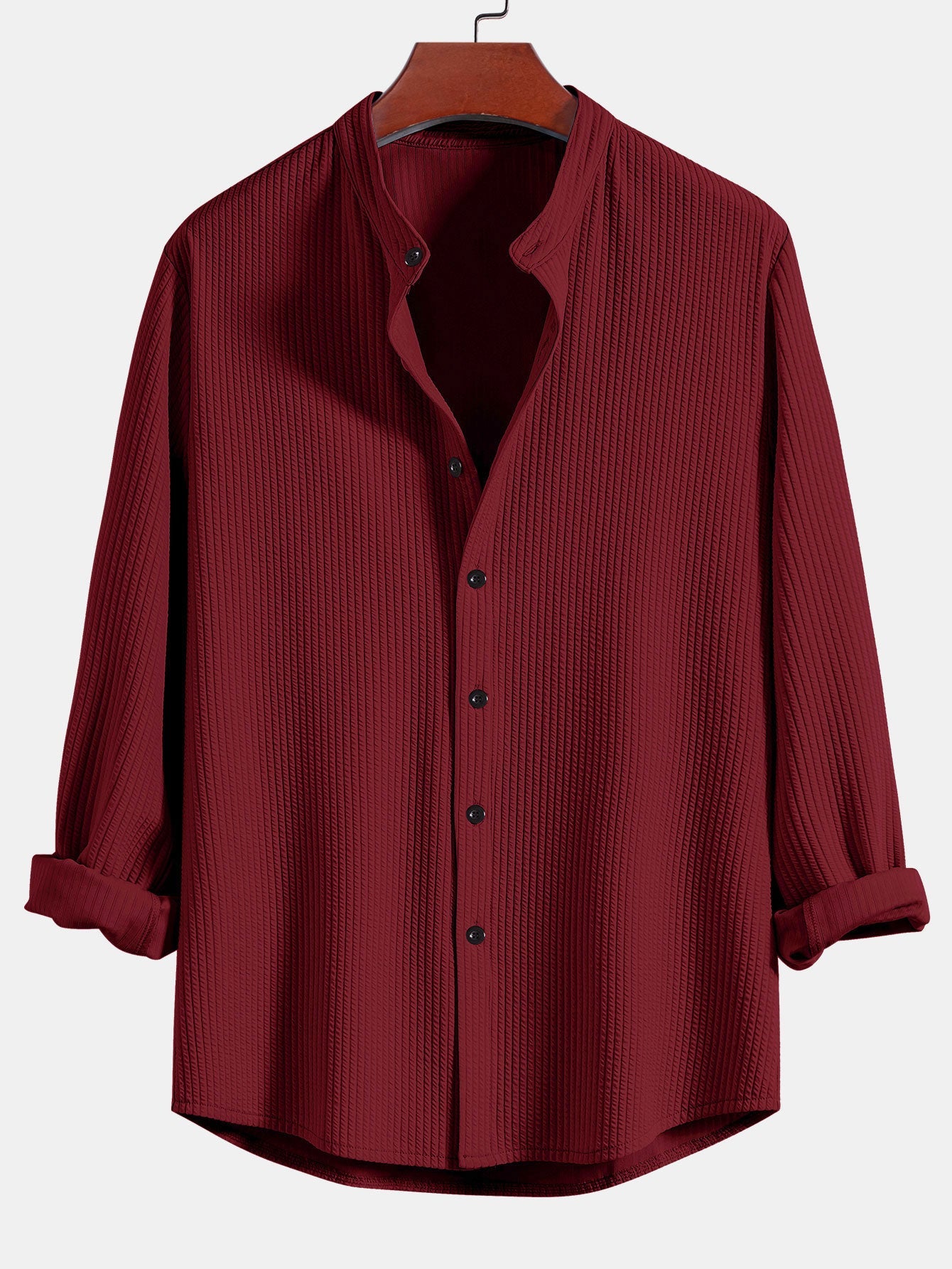 Ribbed Stand Collar Shirt with Long Sleeve and Muscle Fit