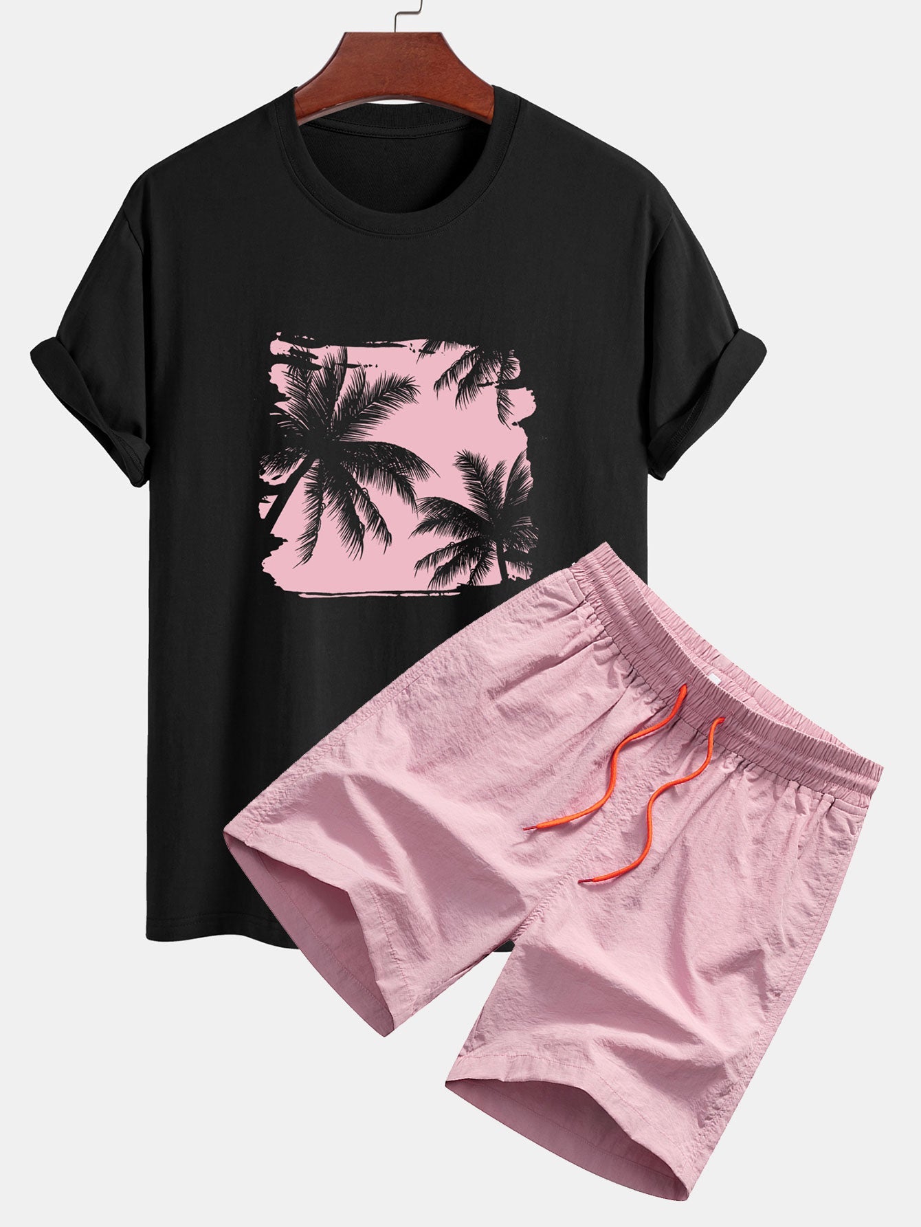 Classic Fit Cotton T-Shirt & Swim Shorts with Palm Tree Silhouette Print