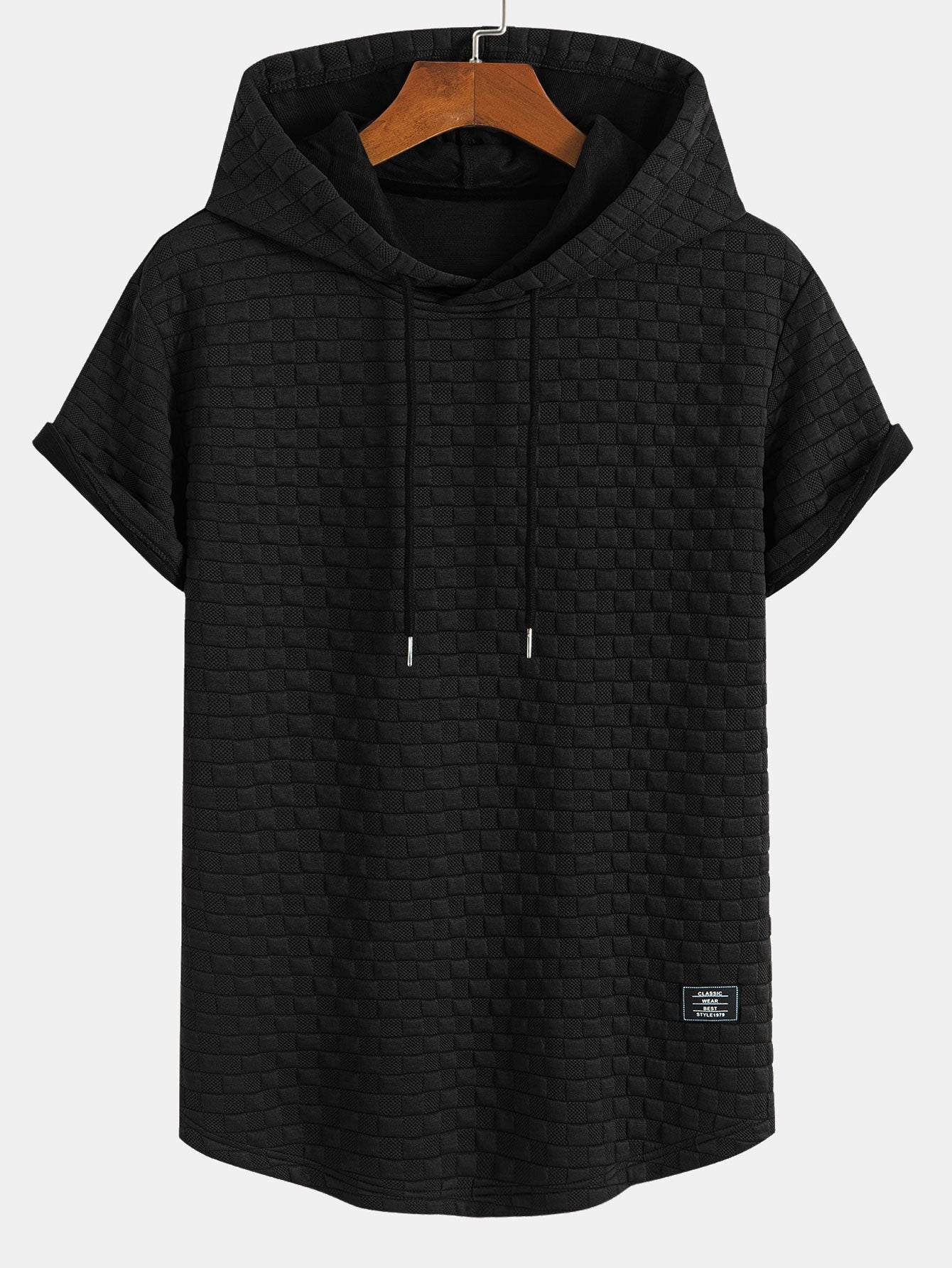 Checkerboard Jacquard Hooded T-Shirt with Arc Hem