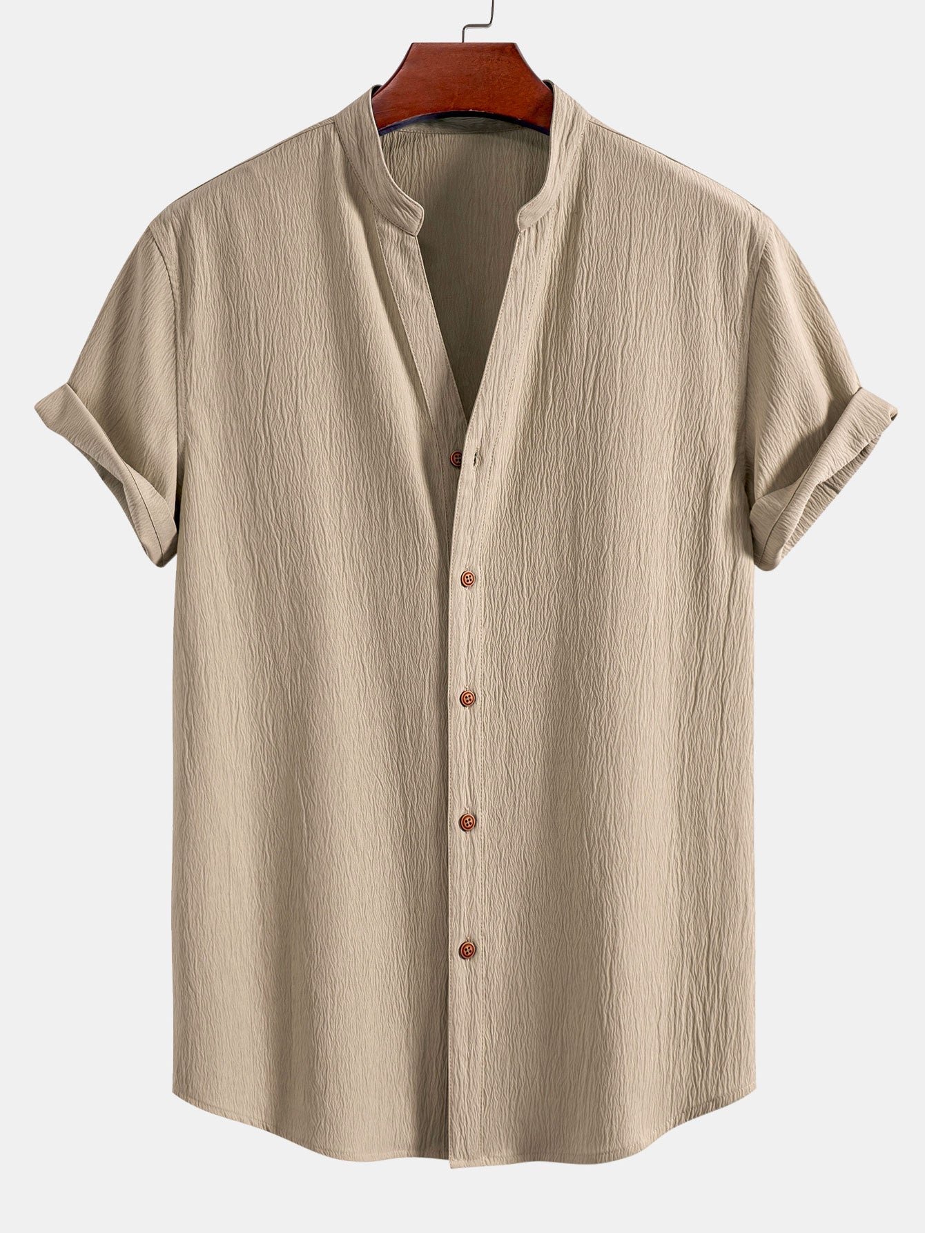 Textured V-Neck Shirt & Straight Leg Pants with Wrinkle Finish