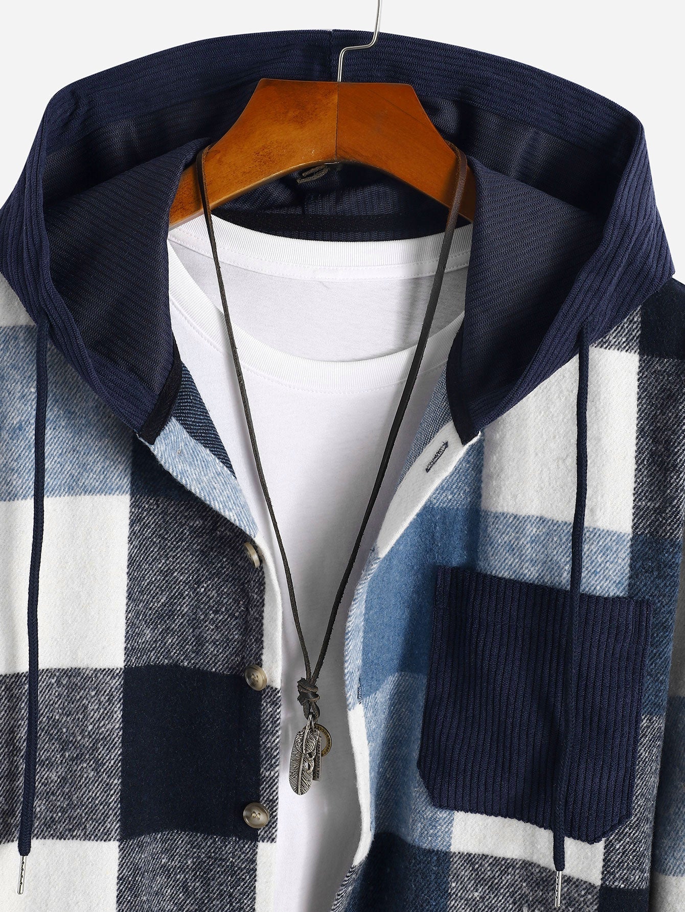 Comfortable Flannel Plaid Hooded Shirt with Corduroy Patchwork