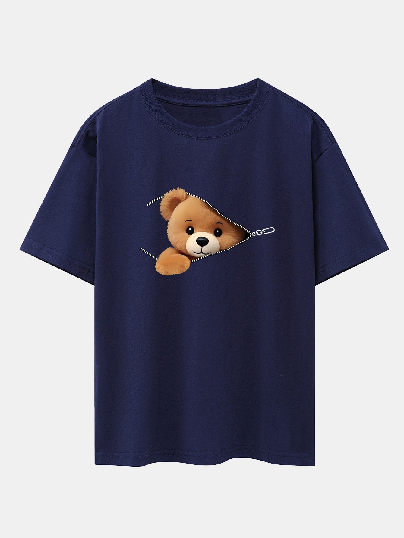 Oversized Drop Shoulder T-Shirt with Zipper Bear Print