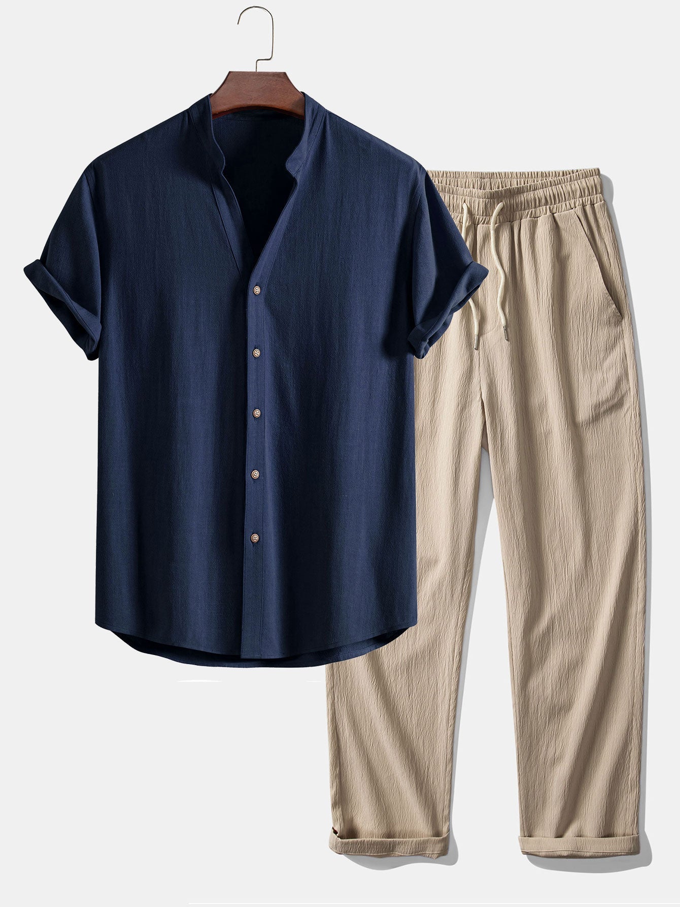 Short Sleeve V-Neck Linen-Rayon Blend Shirt with Wrinkle-Textured Straight Leg Pants