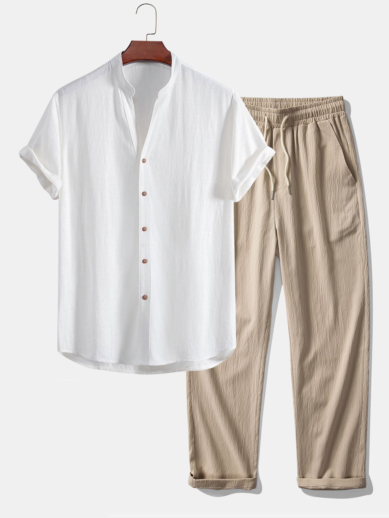 Short Sleeve V-Neck Linen-Rayon Blend Shirt with Wrinkle-Textured Straight Leg Pants