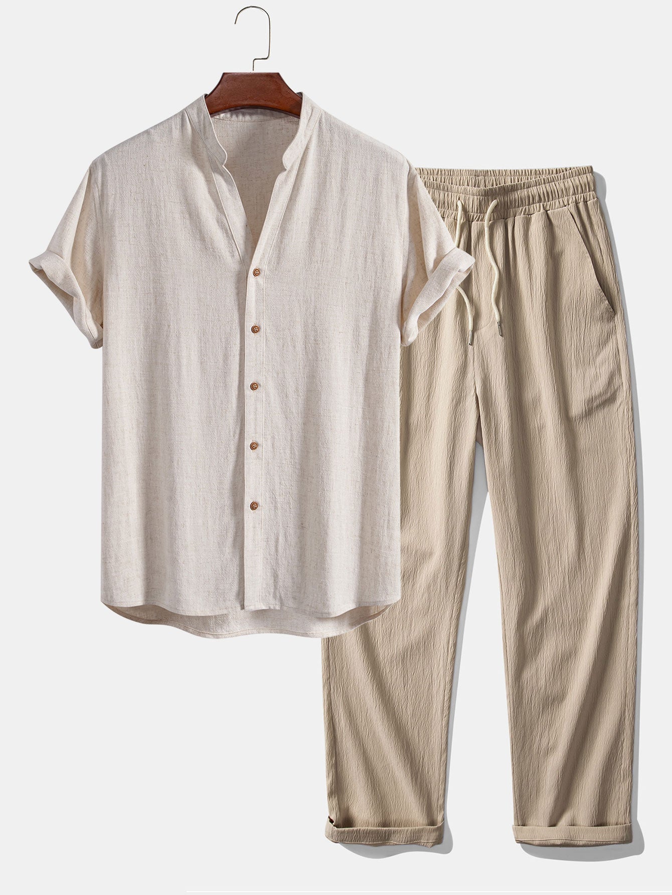 Short Sleeve V-Neck Linen-Rayon Blend Shirt with Wrinkle-Textured Straight Leg Pants