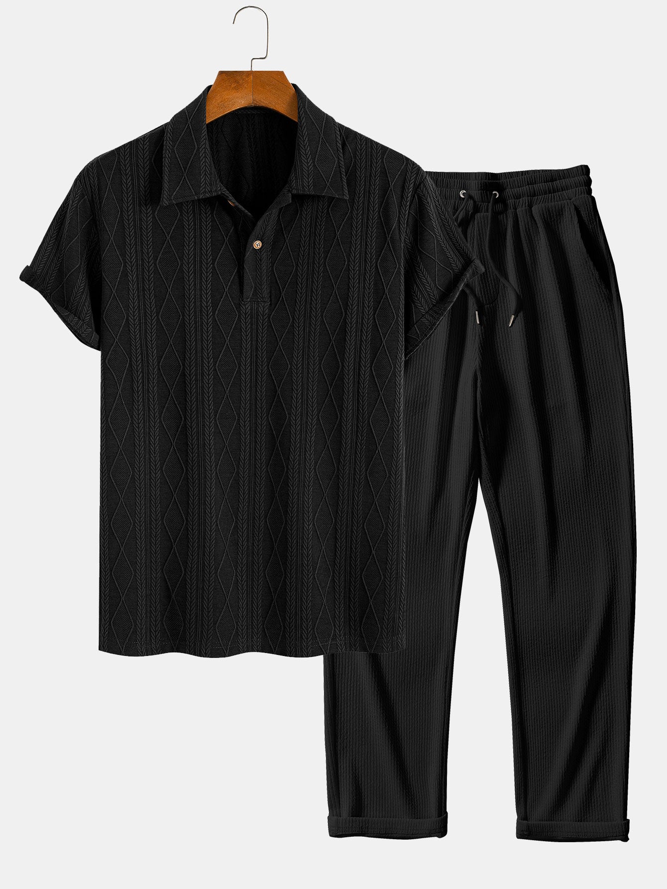 Geometric Rhombus Jacquard Knit Polo with Straight Leg Ribbed Trousers