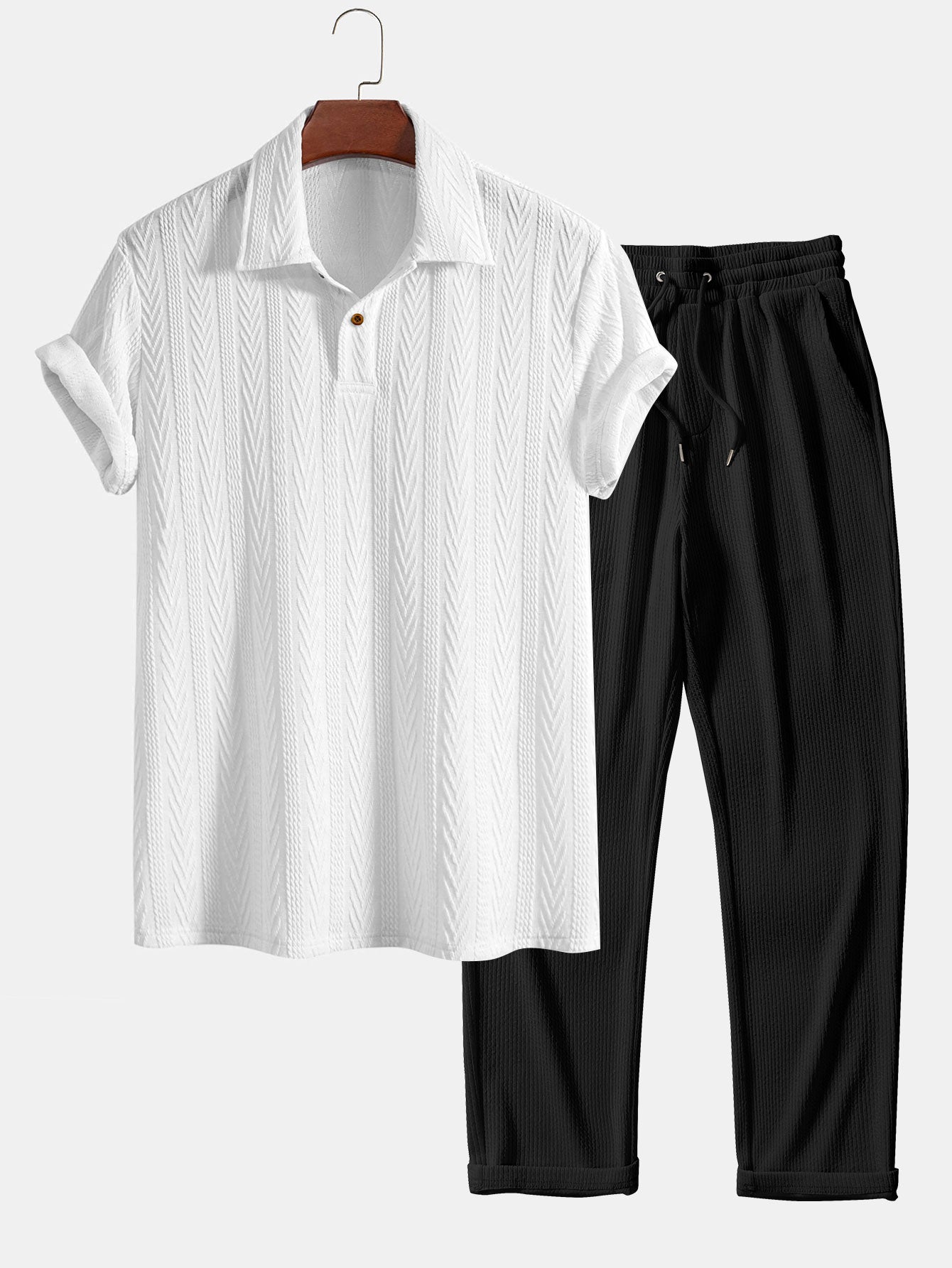 Short Sleeve Jacquard Polo with Straight Leg Ribbed Trousers