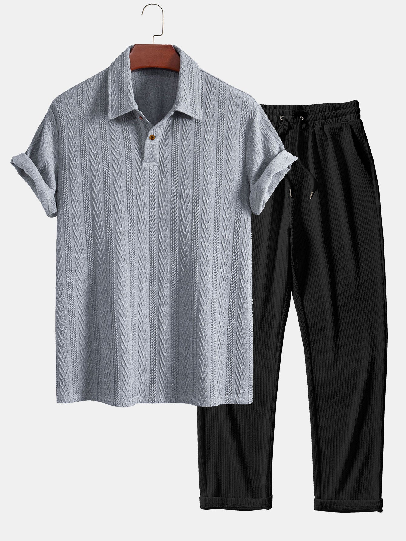 Short Sleeve Jacquard Polo with Straight Leg Ribbed Trousers