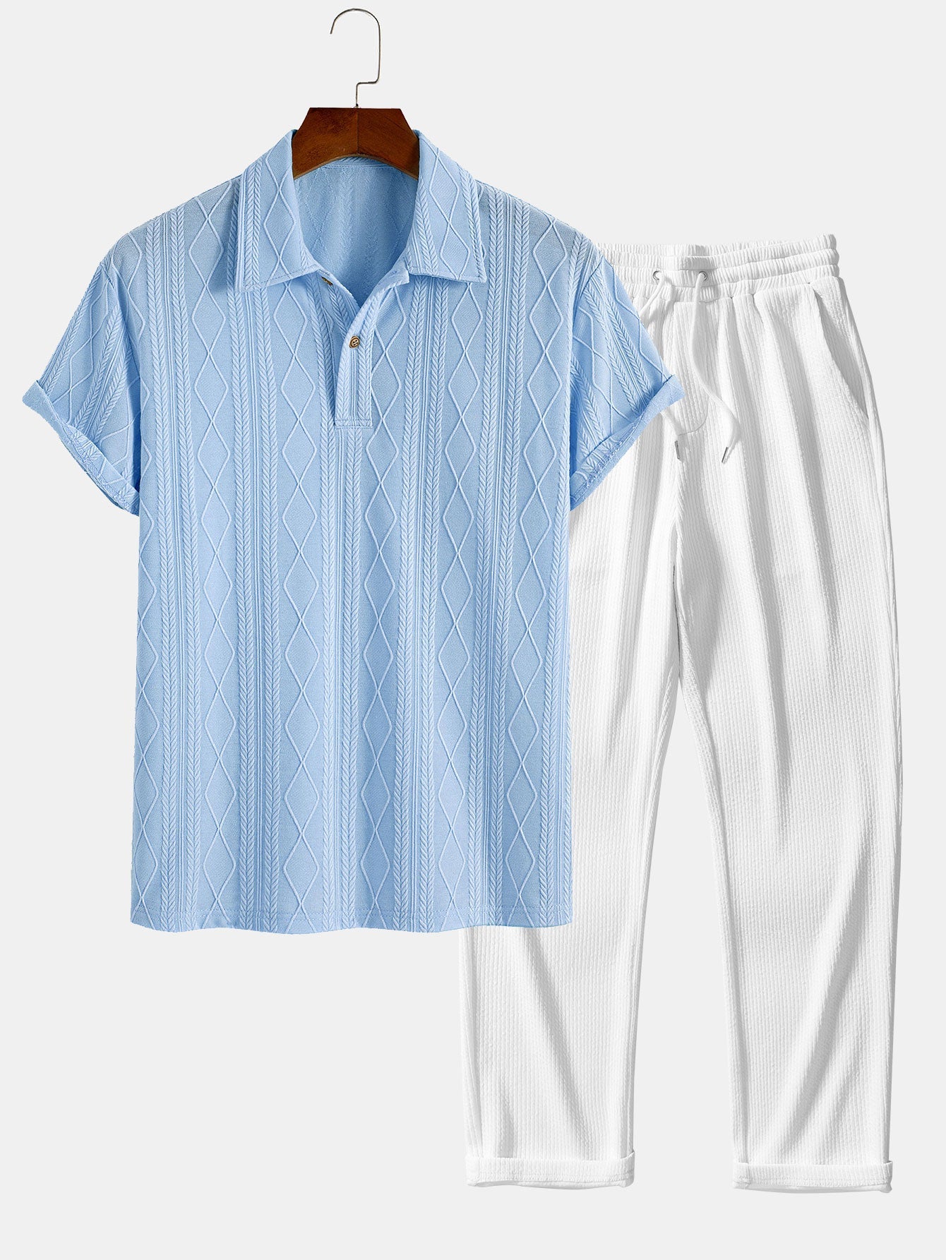 Geometric Rhombus Jacquard Knit Polo with Straight Leg Ribbed Trousers
