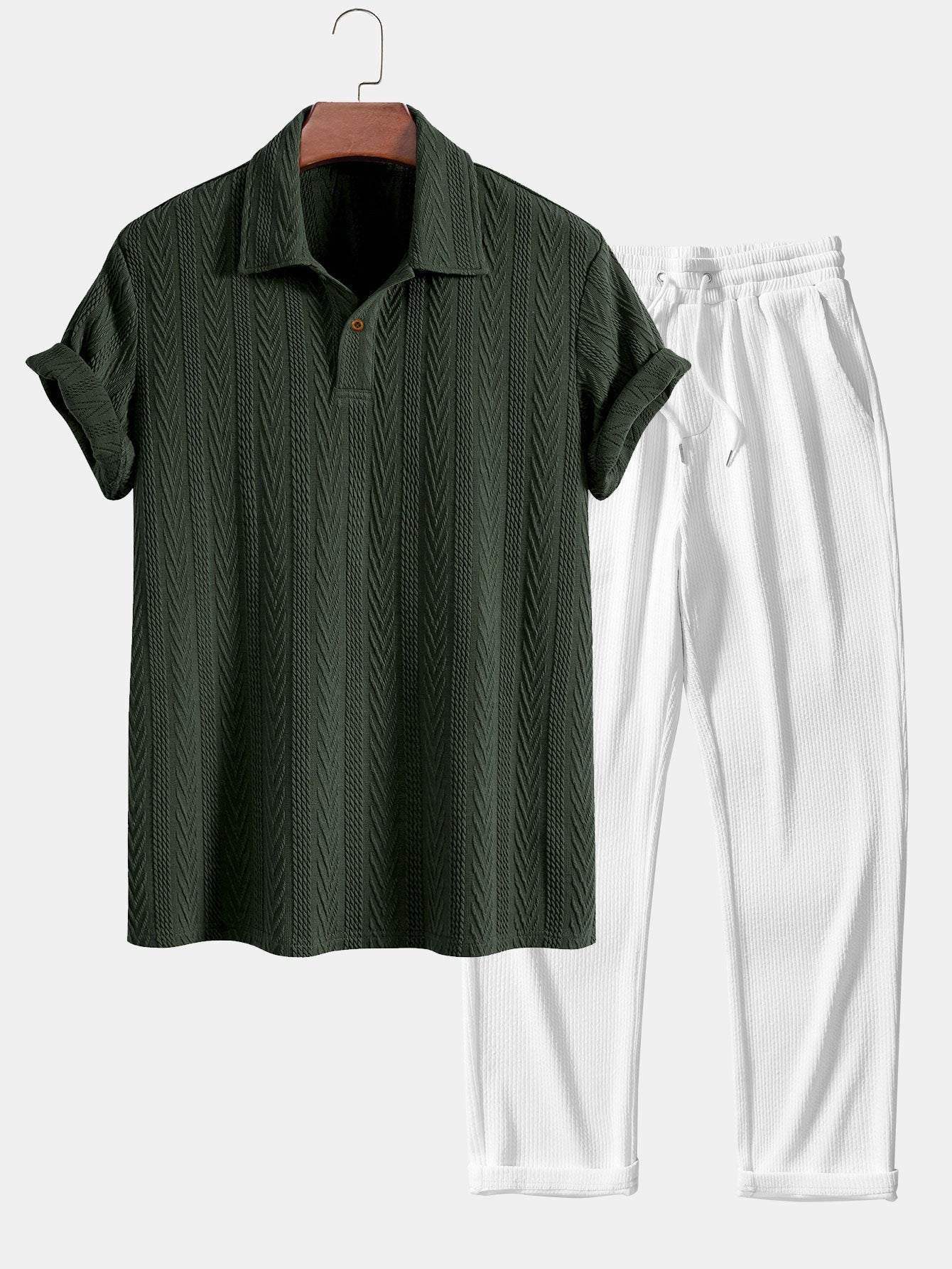 Short Sleeve Jacquard Polo with Straight Leg Ribbed Trousers