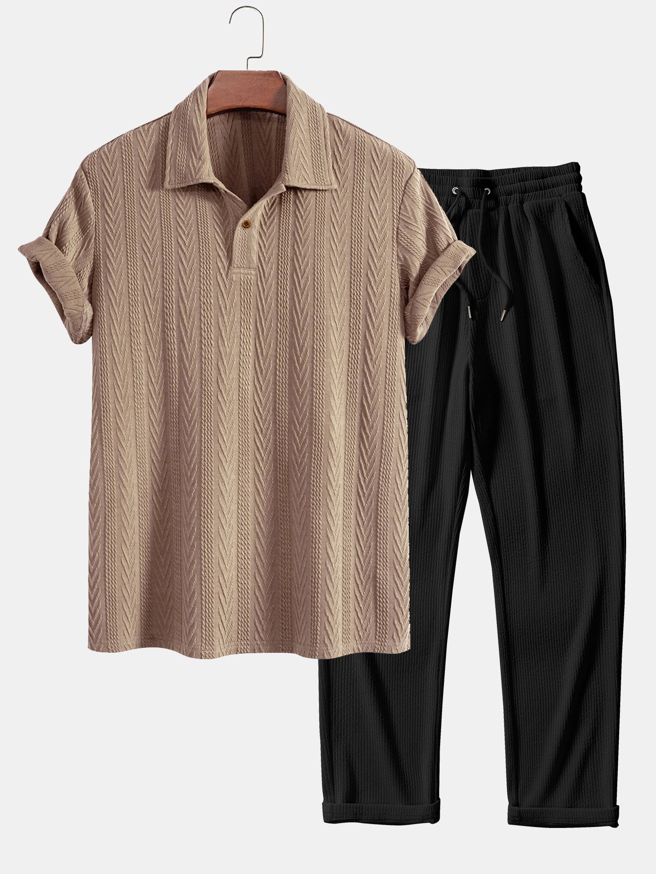 Short Sleeve Jacquard Polo with Straight Leg Ribbed Trousers