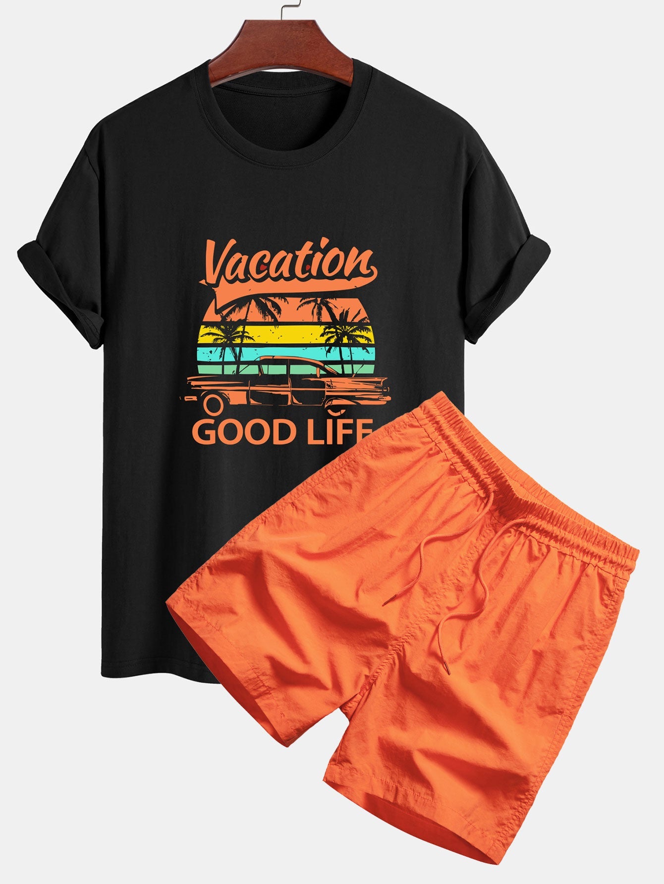 Regular Fit Cotton T-Shirt with 'Good Life On Vacation' Print & Men's Mid-Length Drawstring Swim Shorts