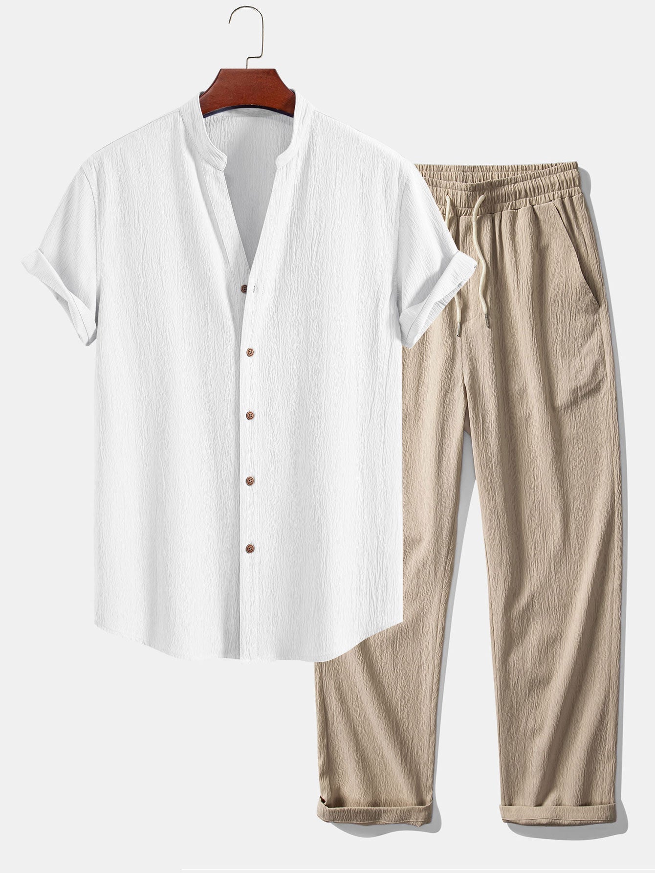 Textured V-Neck Shirt & Straight Leg Pants with Wrinkle Finish