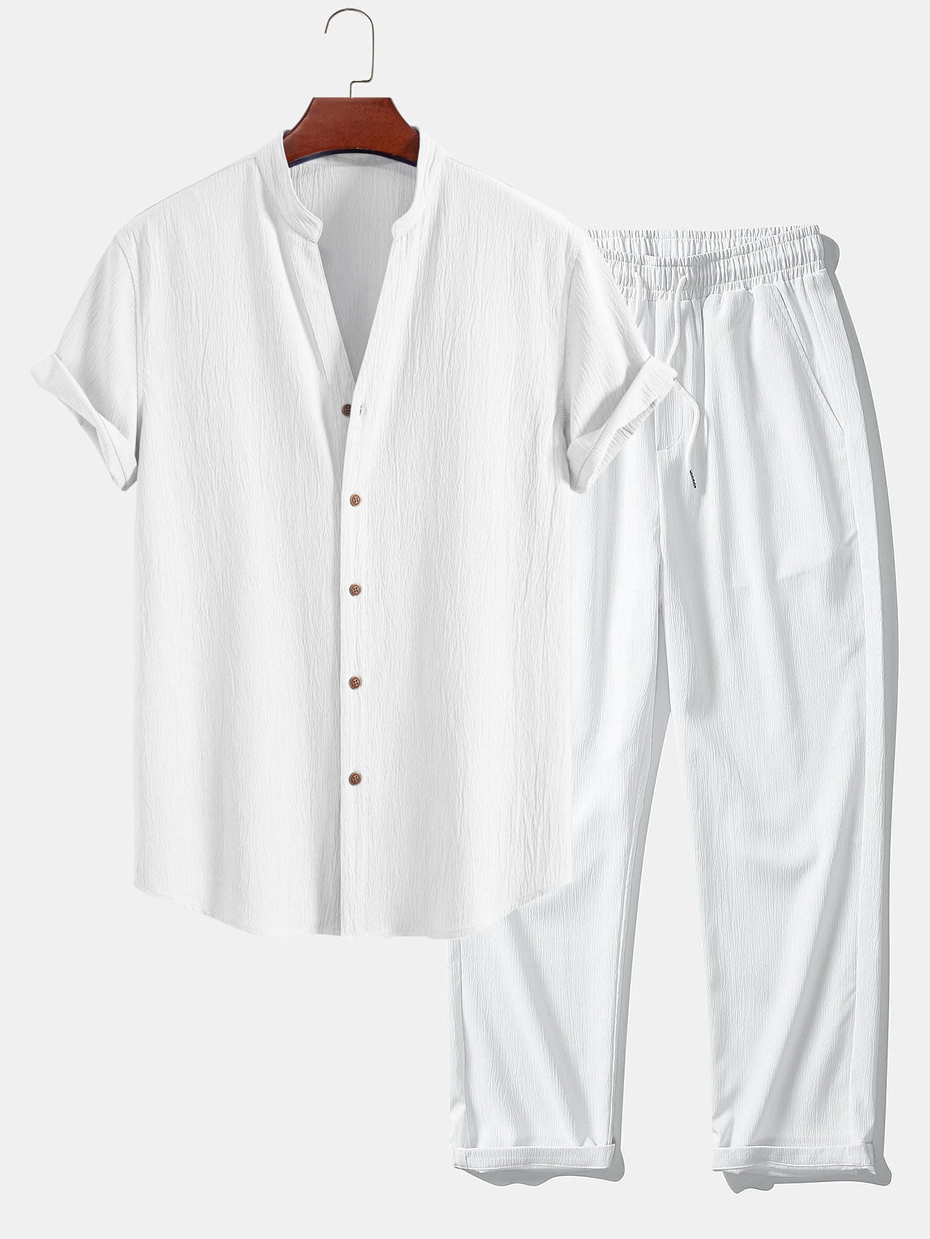 Textured V-Neck Shirt & Straight Leg Pants with Wrinkle Finish