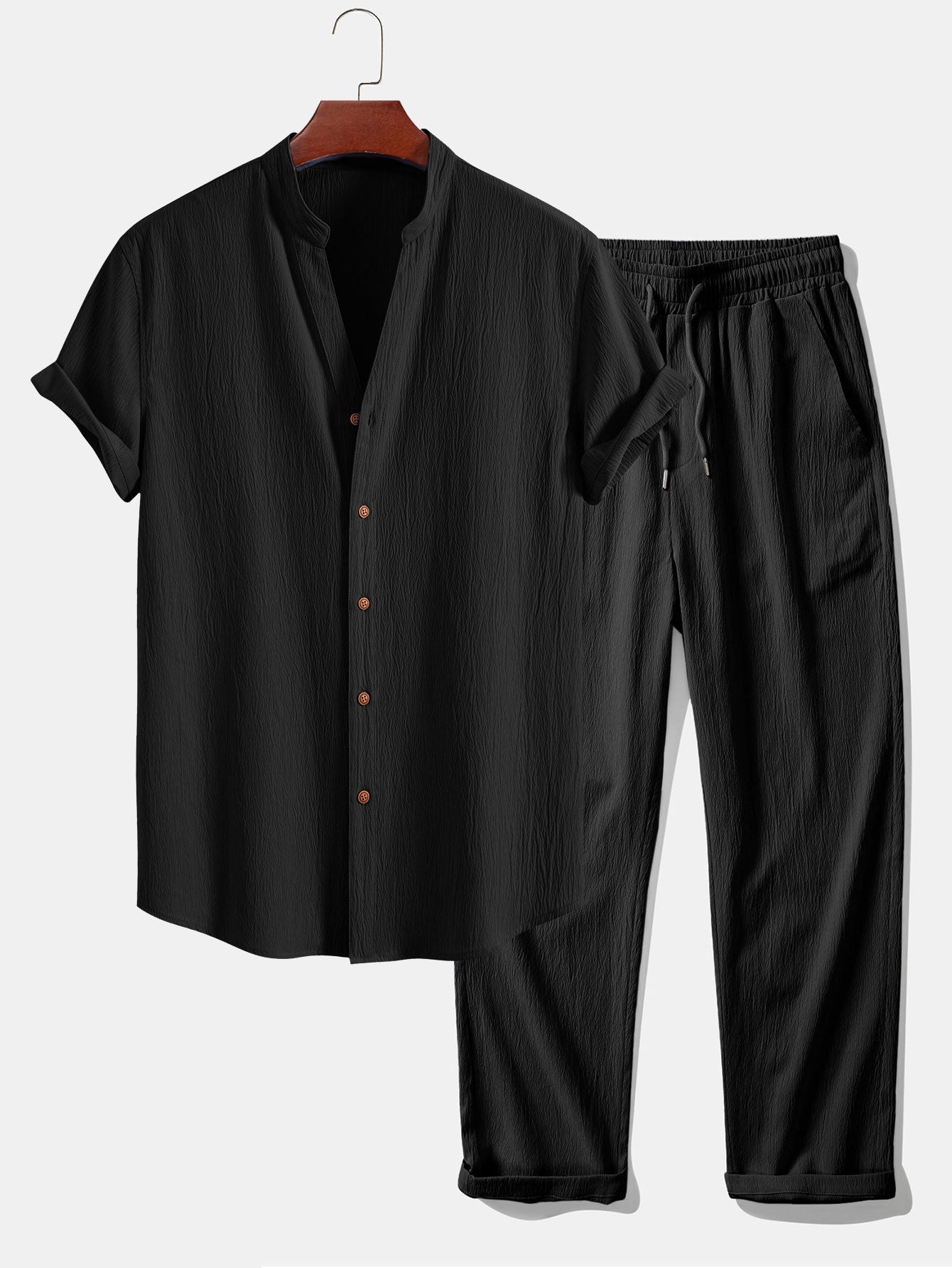 Textured V-Neck Shirt & Straight Leg Pants with Wrinkle Finish