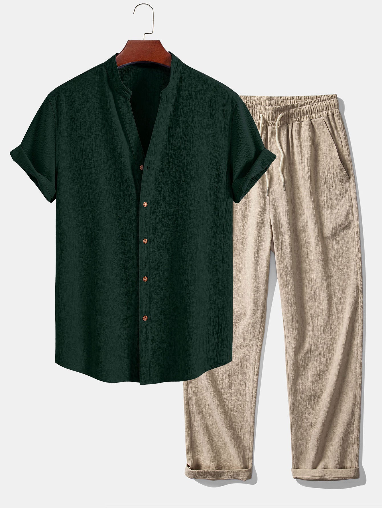 Textured V-Neck Shirt & Straight Leg Pants with Wrinkle Finish