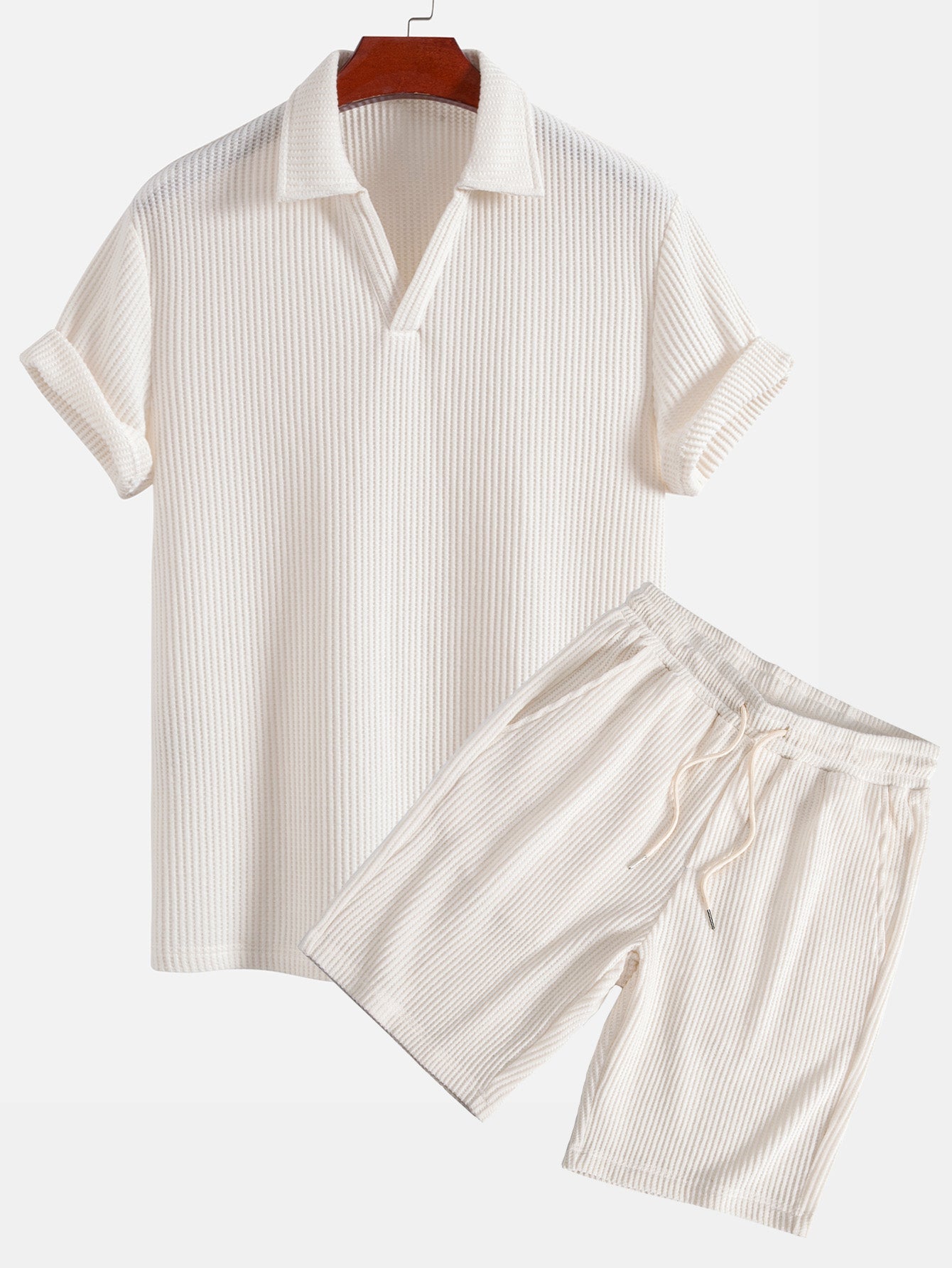 Short Sleeve Waffle V-Neck Polo with Matching Drawstring Knitted Waffle Shorts