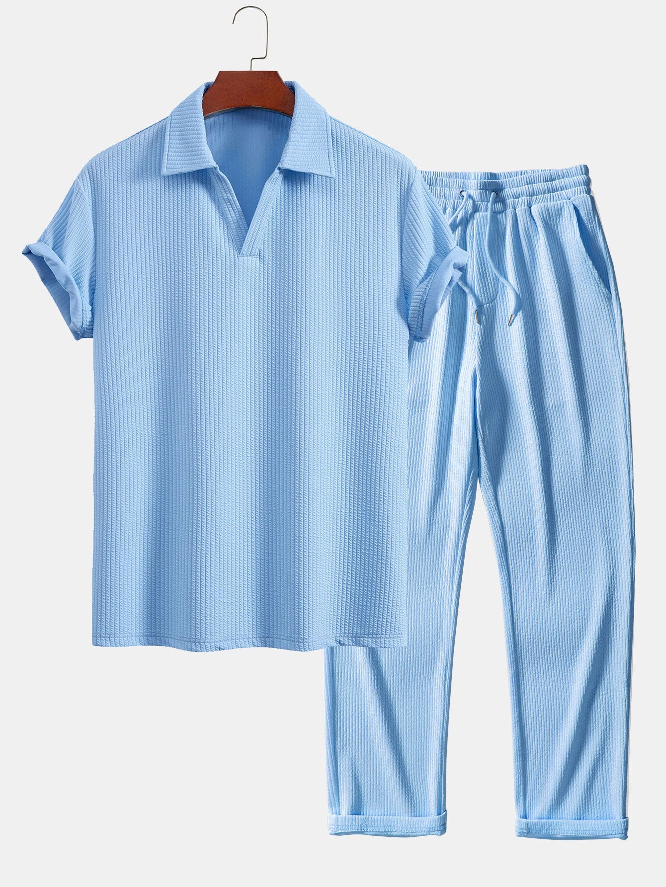 V-Neck Ribbed Polo with Short Sleeves & Straight Leg Ribbed Trousers