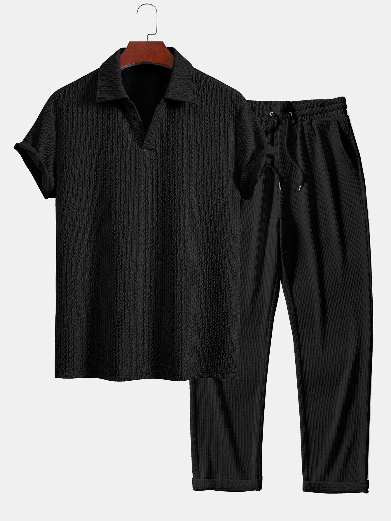 V-Neck Ribbed Polo with Short Sleeves & Straight Leg Ribbed Trousers