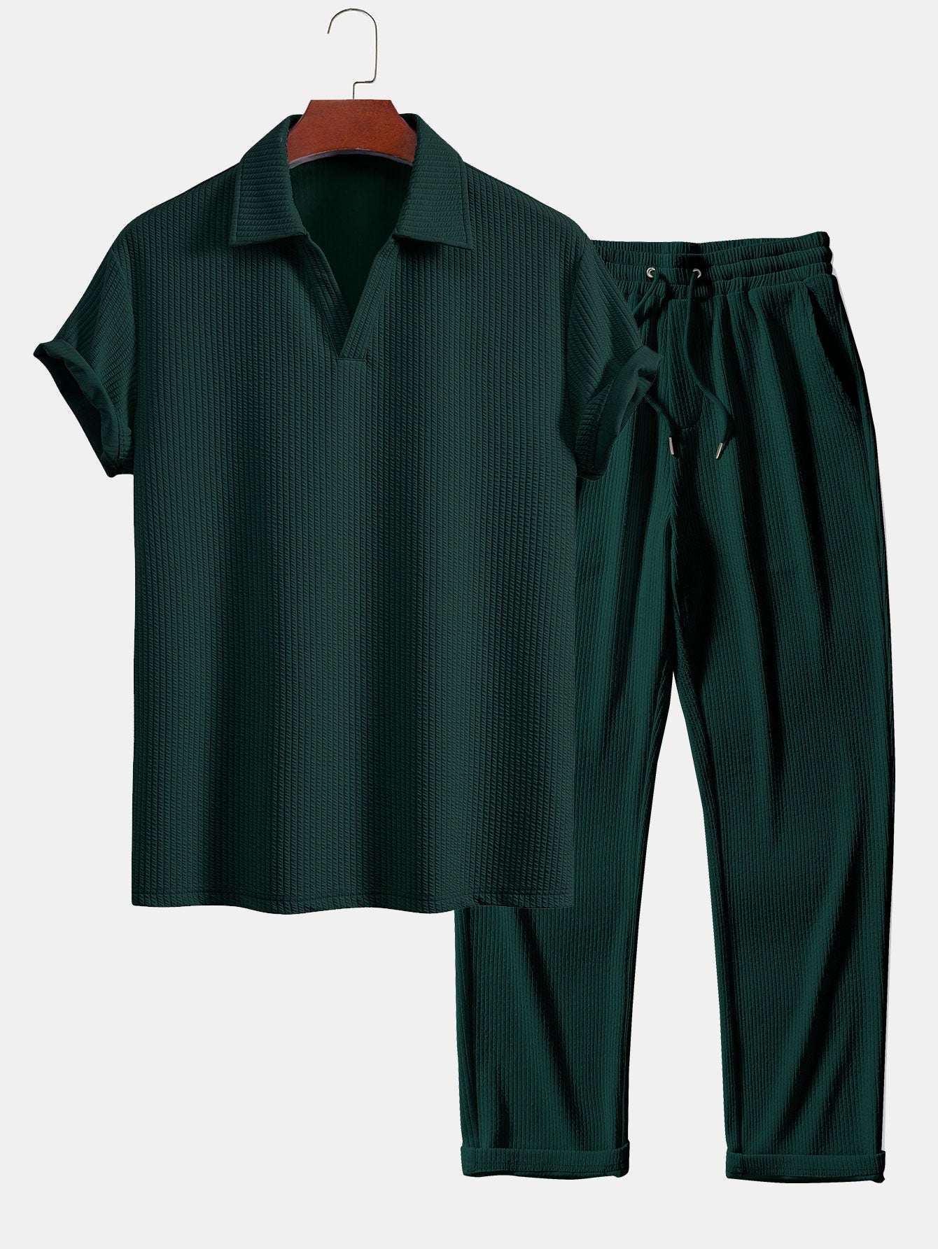 V-Neck Ribbed Polo with Short Sleeves & Straight Leg Ribbed Trousers