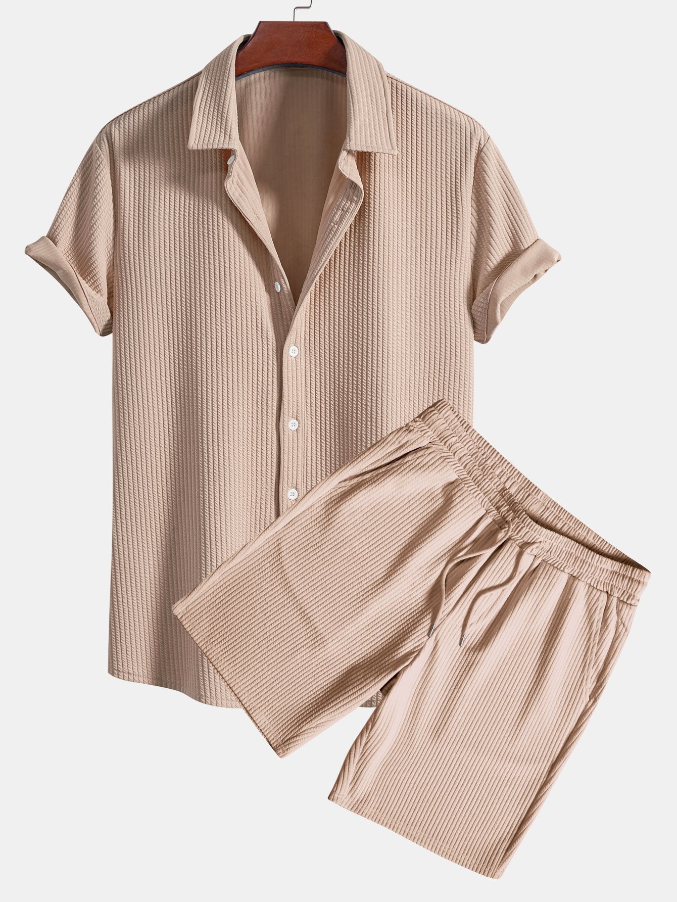 Ribbed Button-Up Shirt and Shorts Set in Muscle Fit