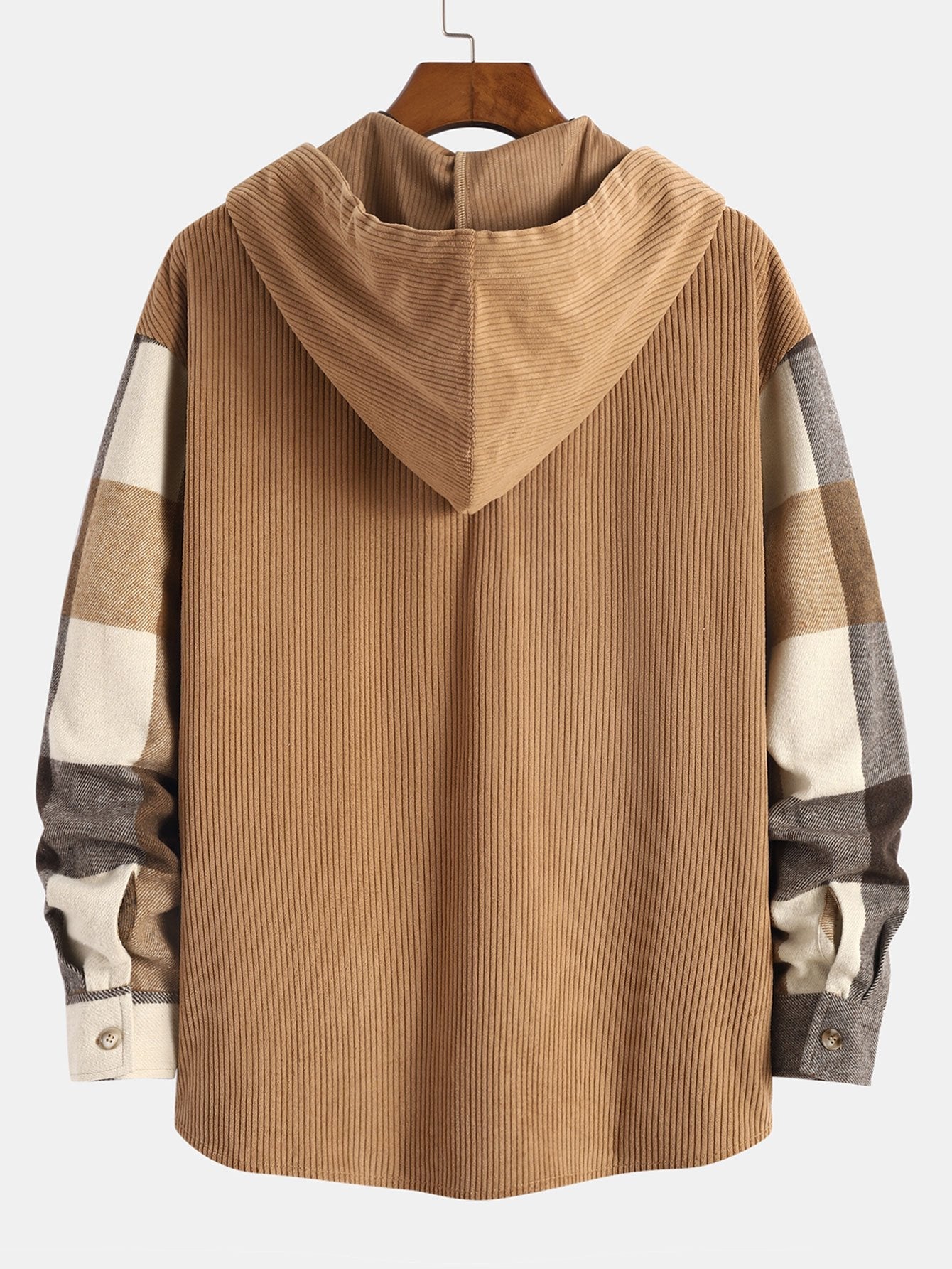 Comfortable Flannel Plaid Hooded Shirt with Corduroy Patchwork