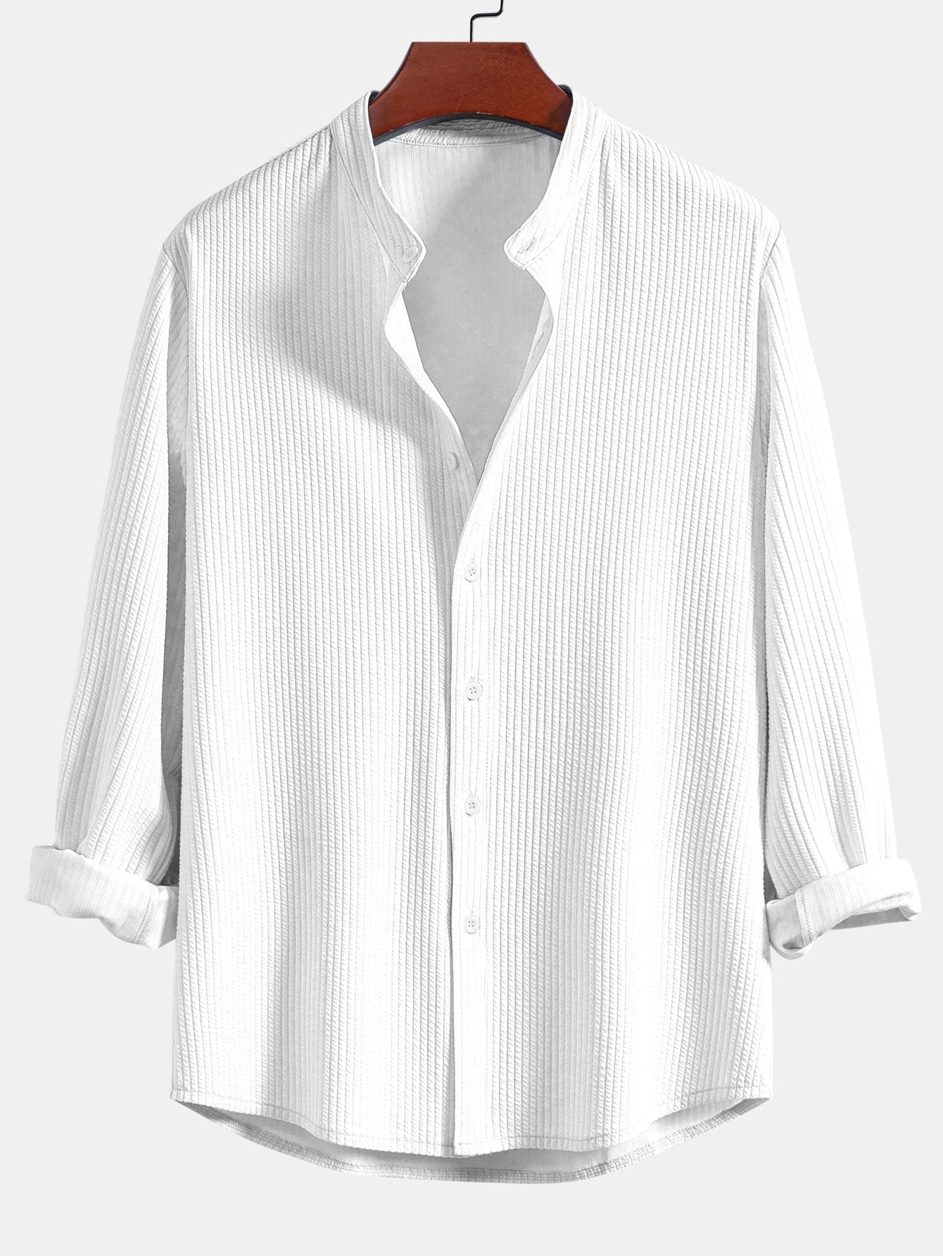 Ribbed Stand Collar Shirt with Long Sleeve and Muscle Fit