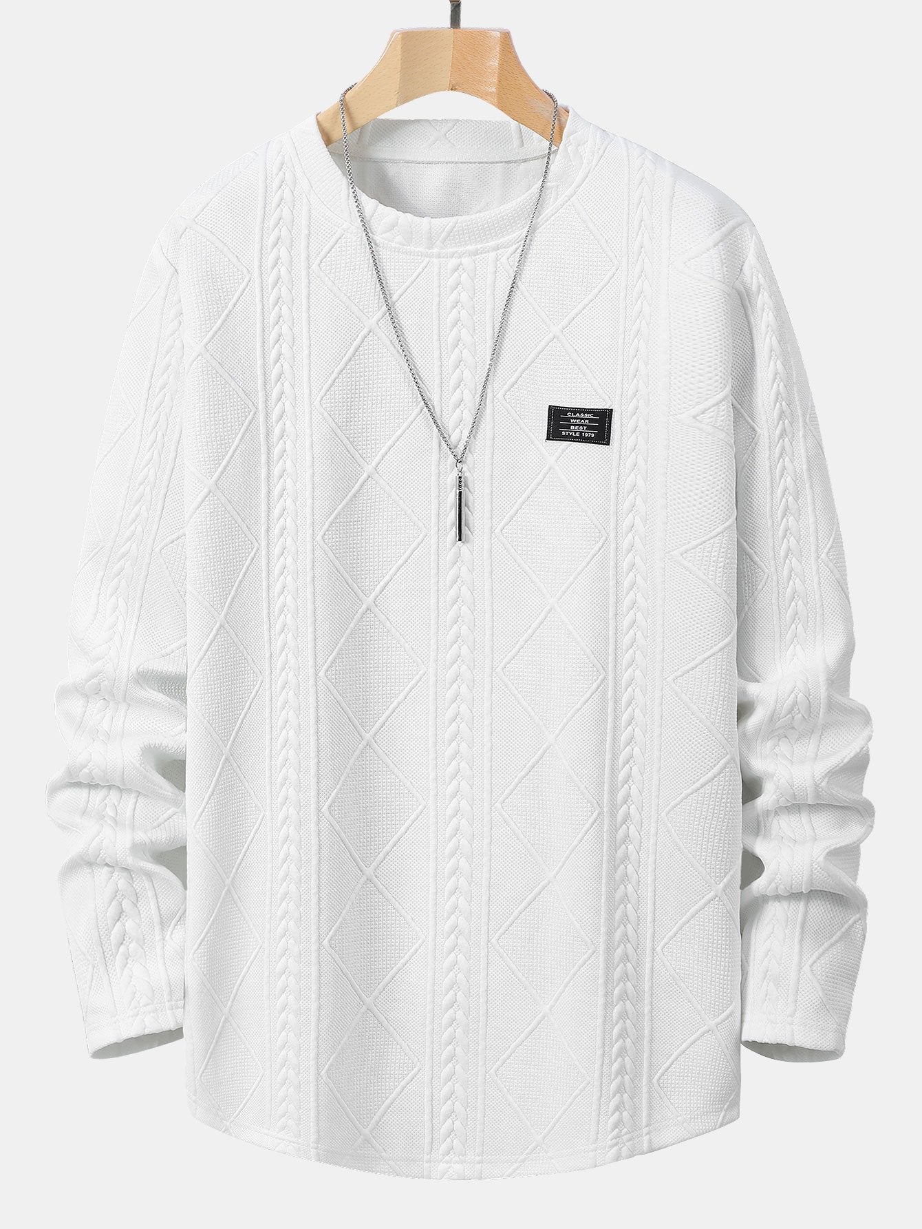 Geometric Jacquard Long Sleeve T-Shirt with Arc Hem