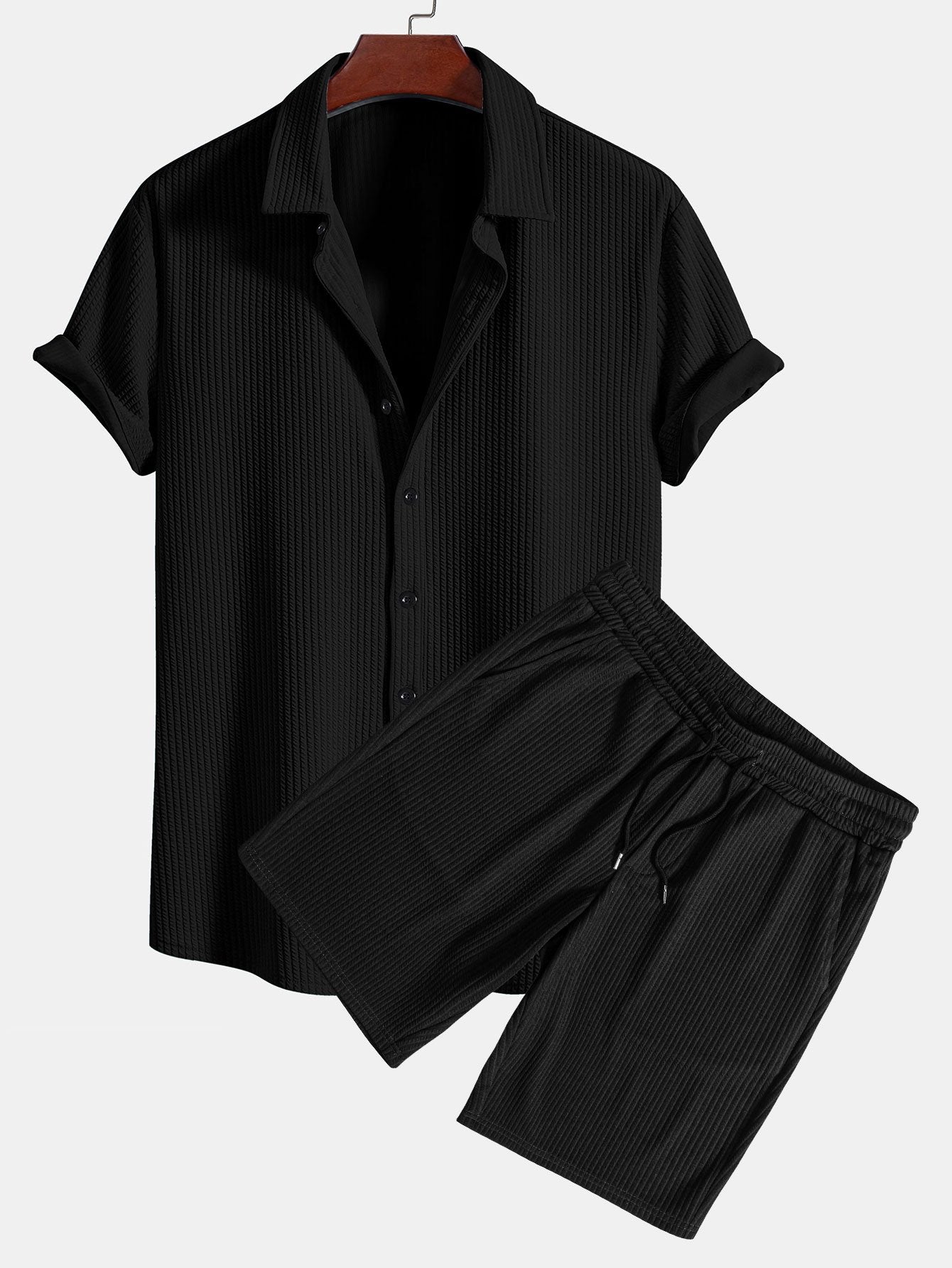 Ribbed Button-Up Shirt and Shorts Set in Muscle Fit