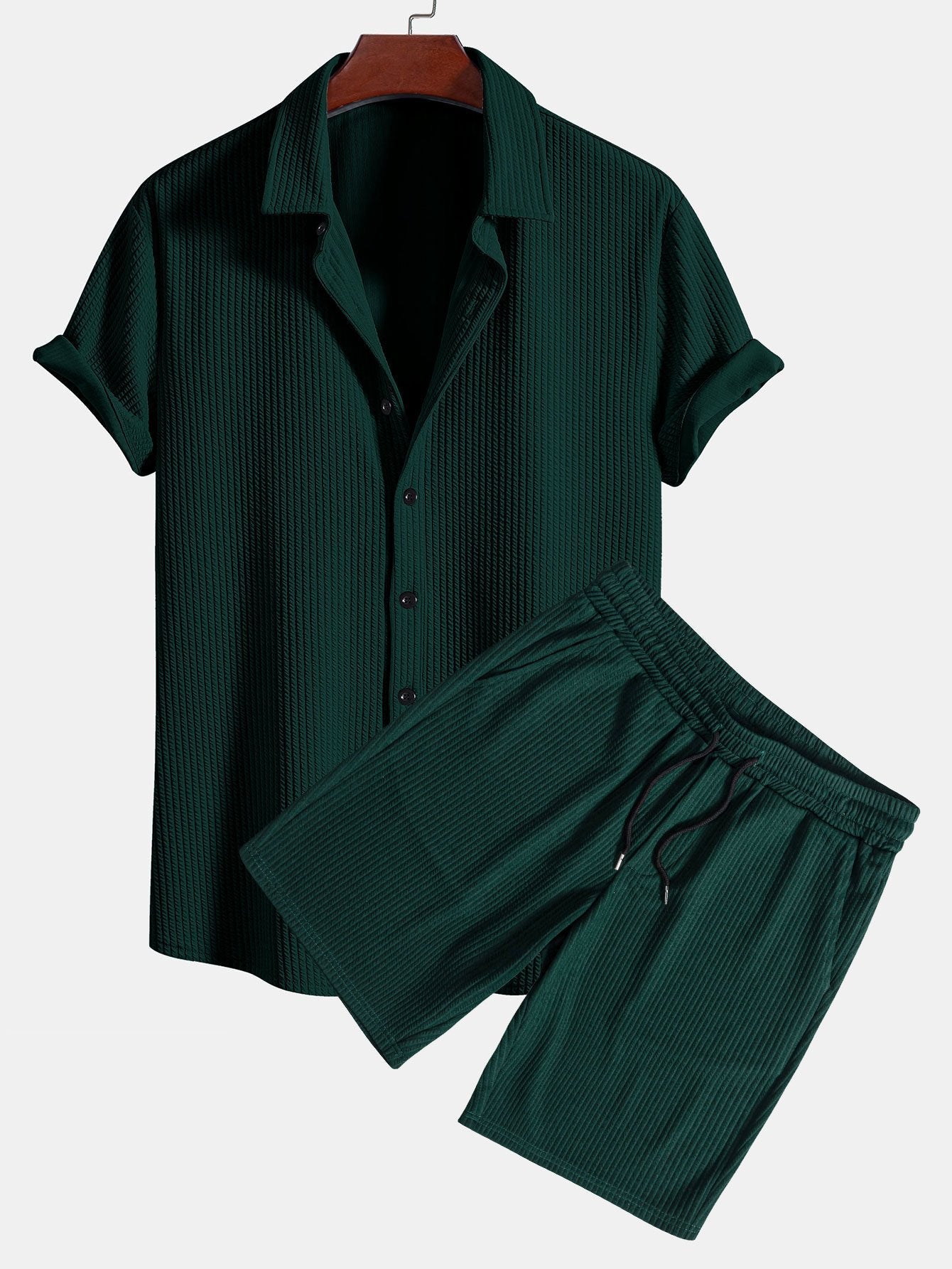 Ribbed Button-Up Shirt and Shorts Set in Muscle Fit