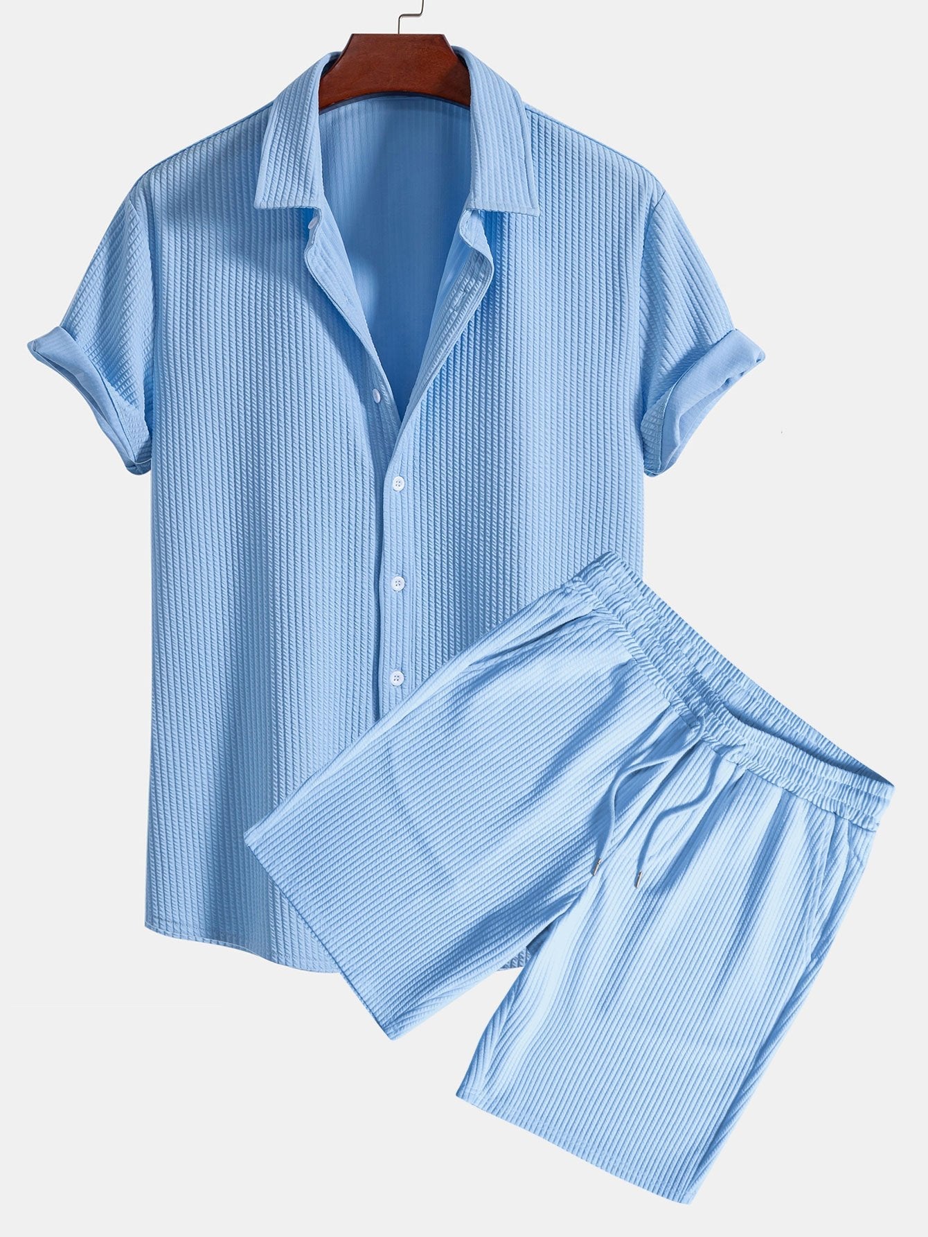 Ribbed Button-Up Shirt and Shorts Set in Muscle Fit