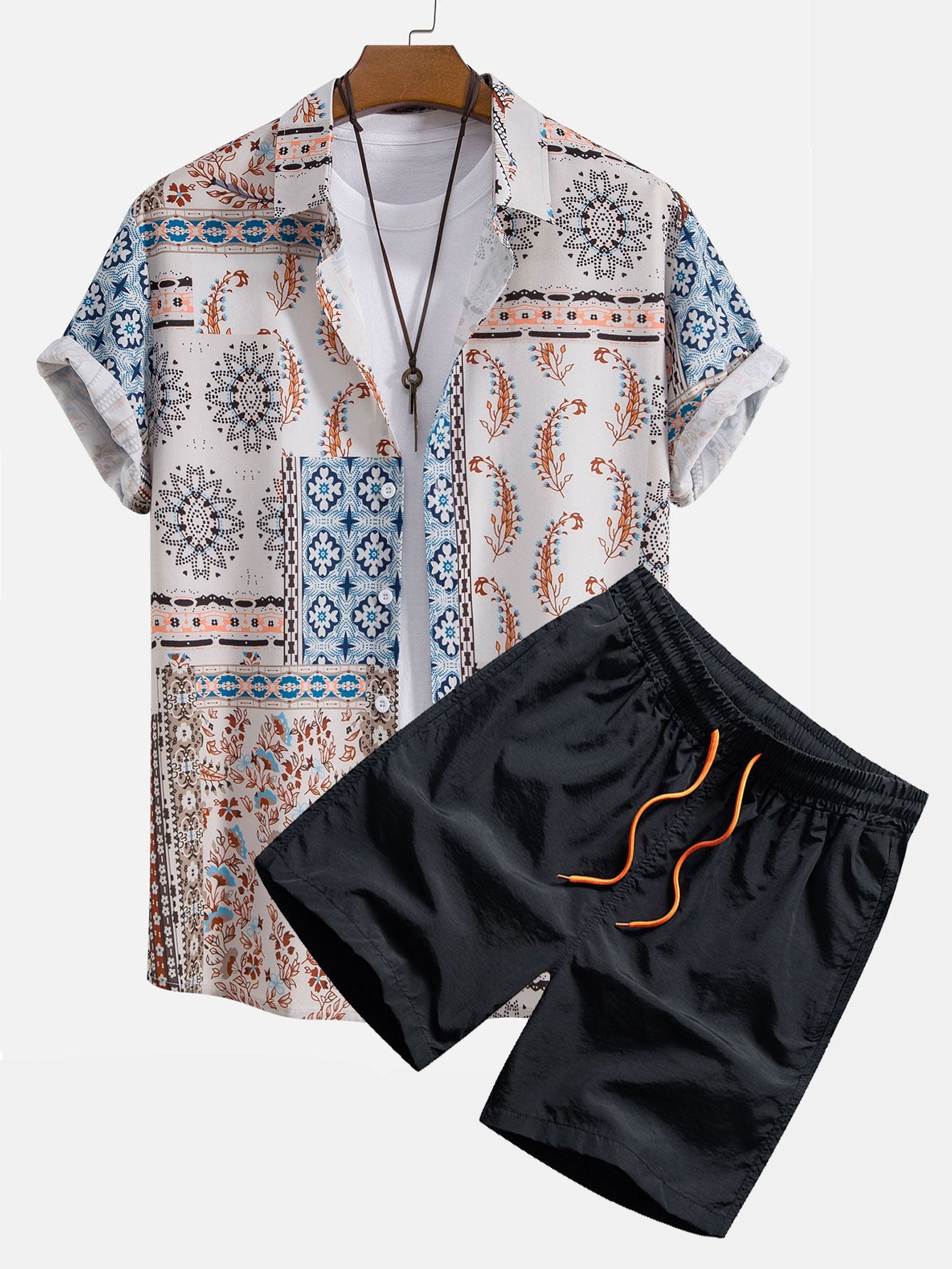 Scarf Print Button-Up Shirt with Matching Swim Shorts